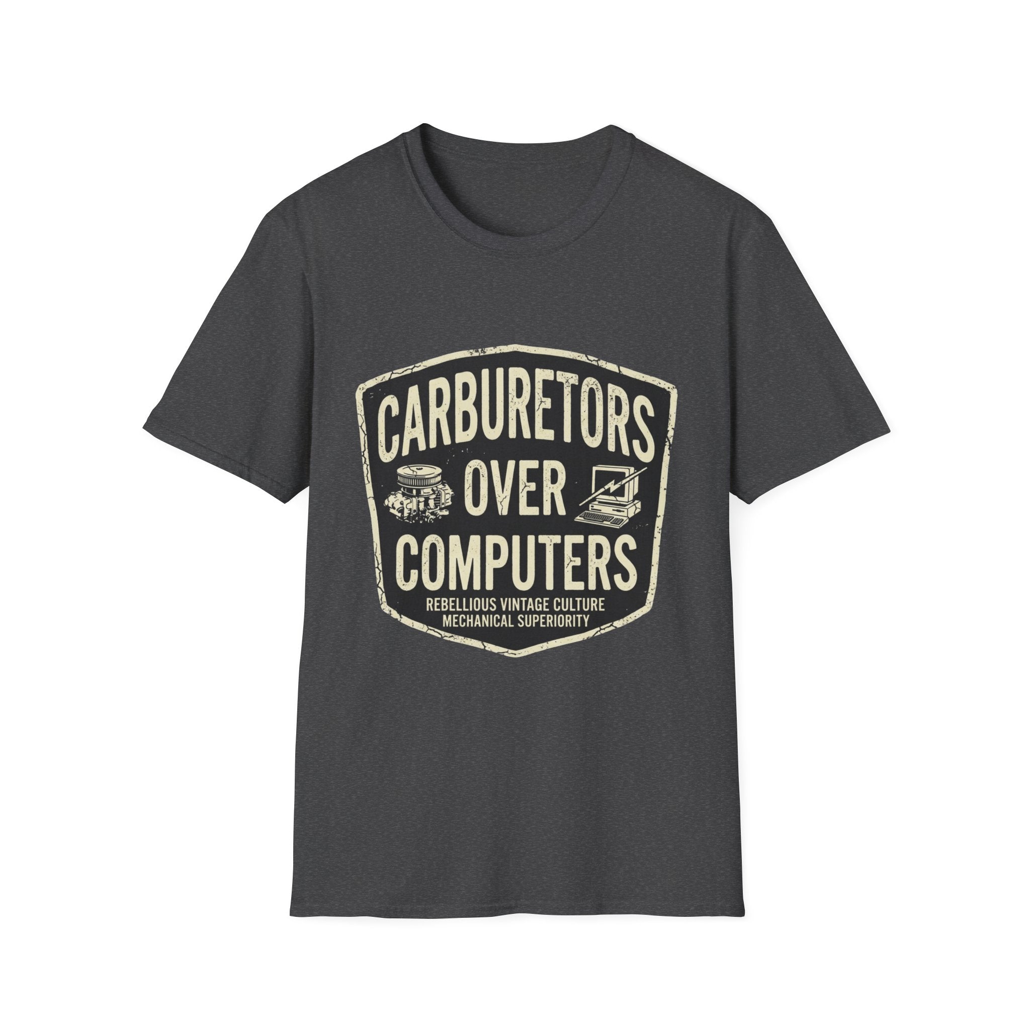 Carburetors Over Computers T-Shirt — Vintage Mechanic Pride Tee