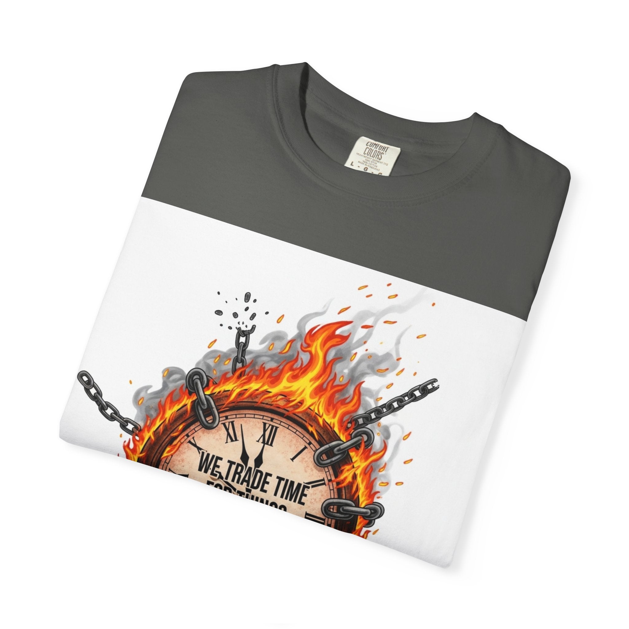 Burning Wheel Graphic T-Shirt — "We Trade Time for Things We Don't Need"