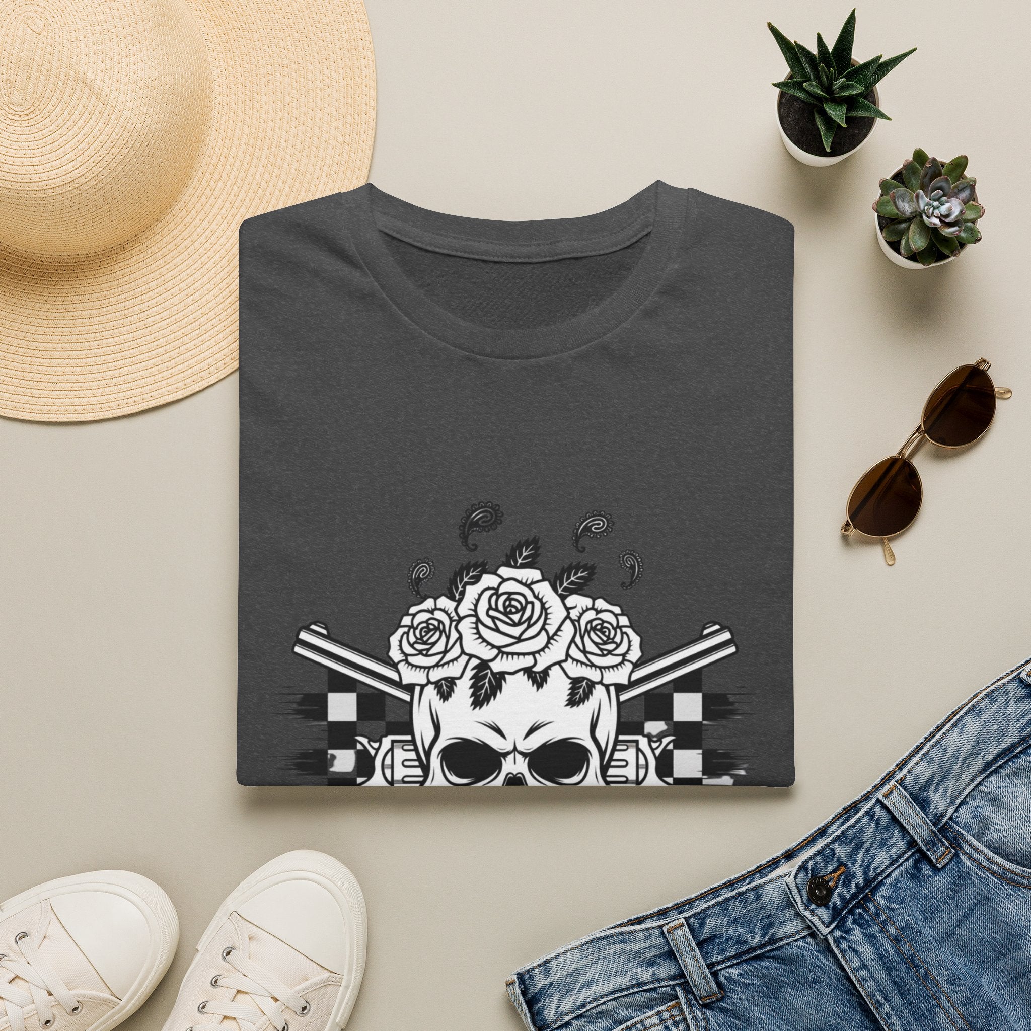 Skull & Roses T‑Shirt — “Freedom Ain’t Free” Racing Flag Graphic