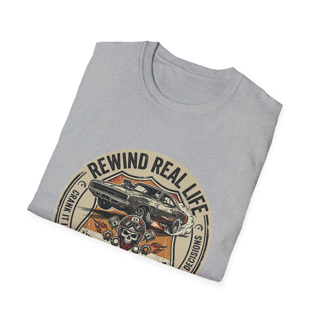 Vintage Muscle Car T-Shirt – "Rewind Real Life" Retro Speed Addict Graphic