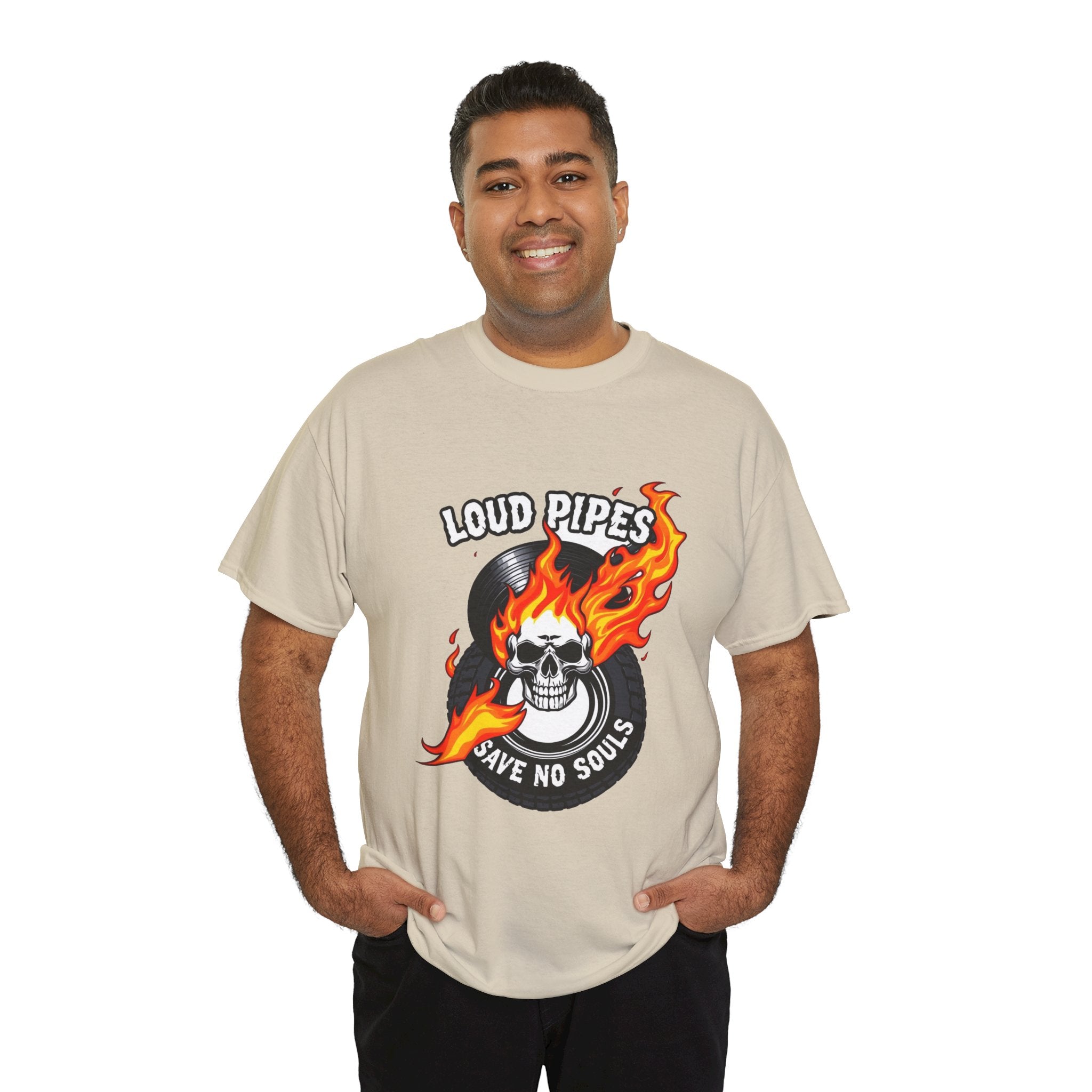 Loud Pipes Save No Souls Graphic Tee — Flaming Skull Vinyl Shirt