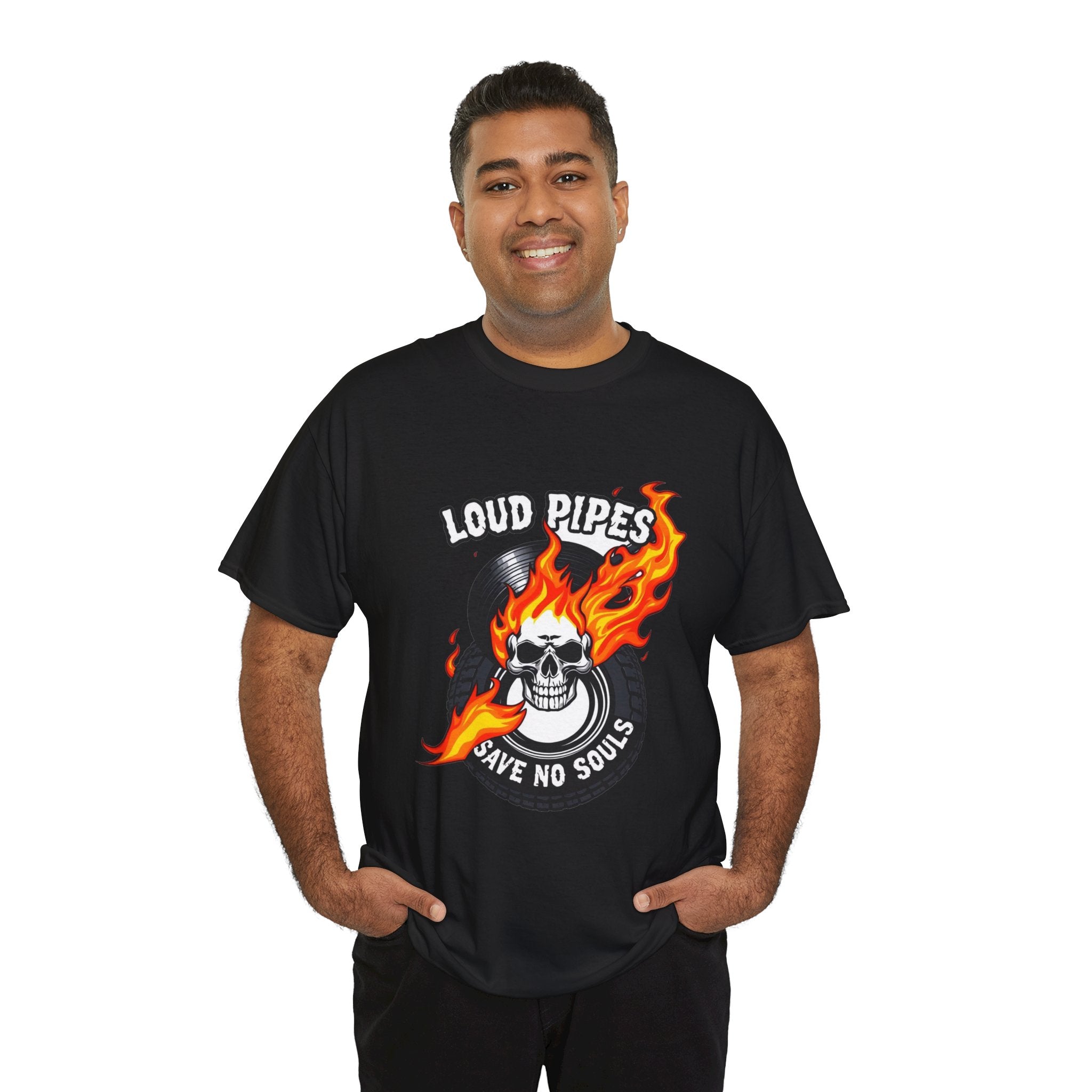 Loud Pipes Save No Souls Graphic Tee — Flaming Skull Vinyl Shirt