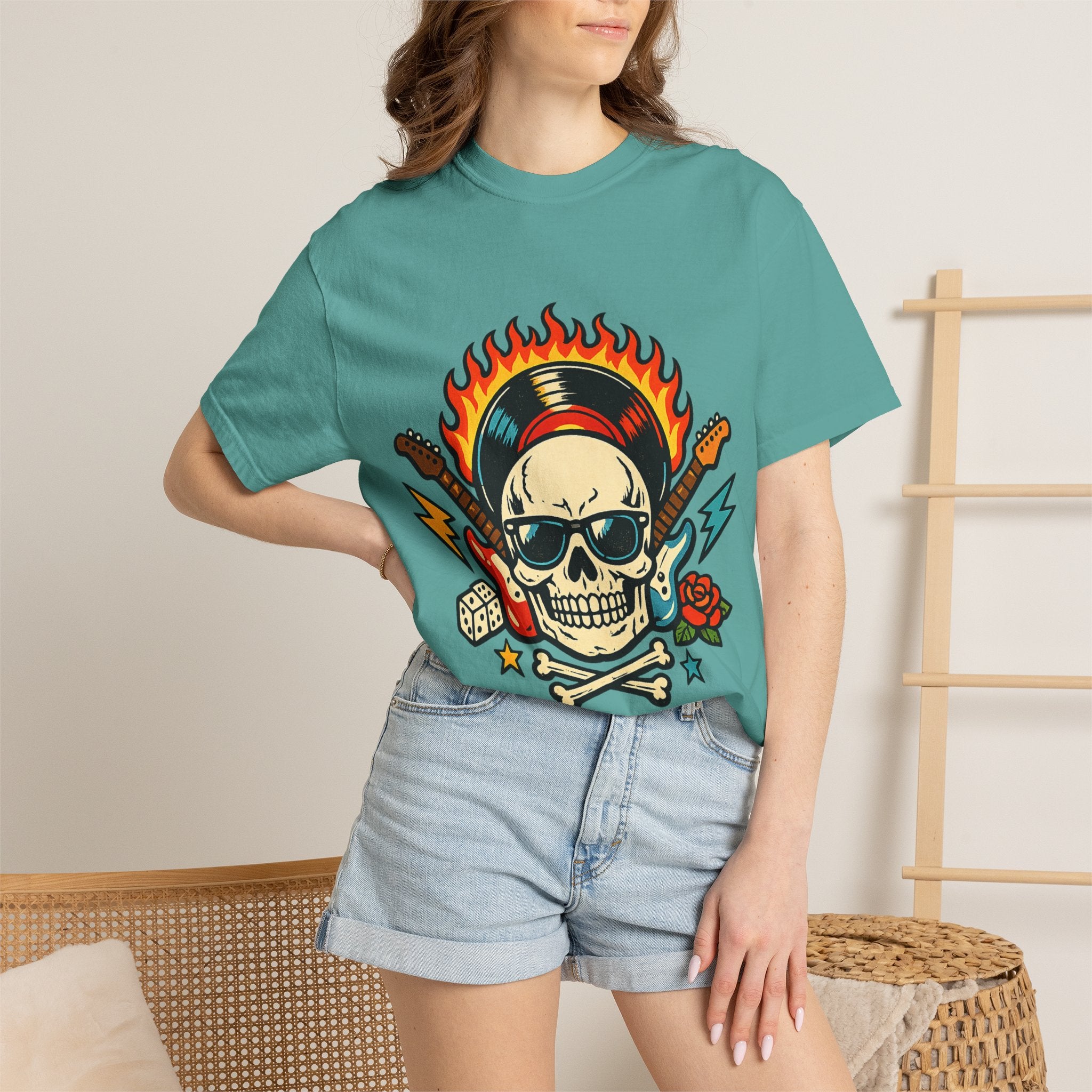Rock Skull Graphic T-Shirt — Flaming Skull, Guitars & Dice Tattoo Art