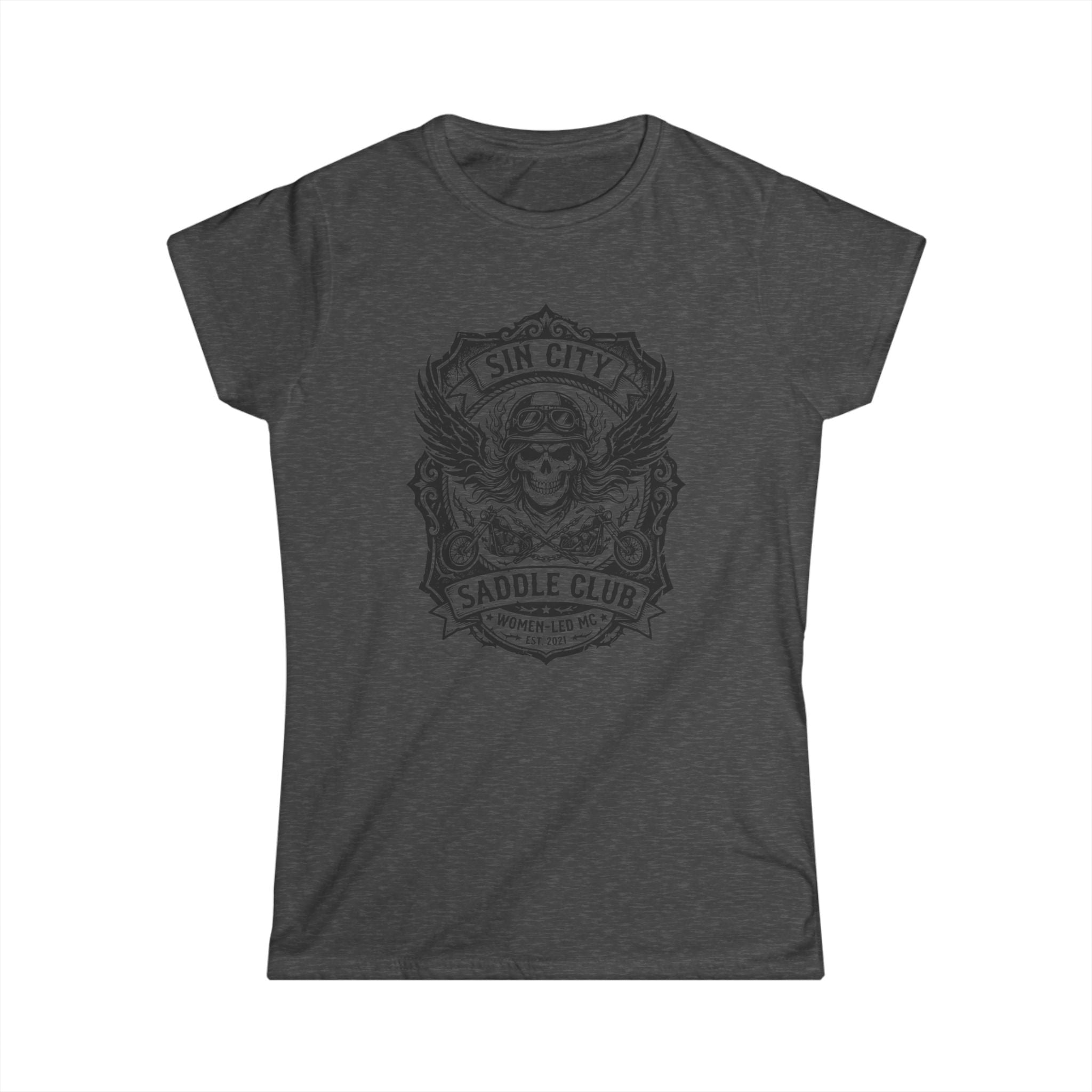Sin City Saddle Club Skull Tee — Women's Biker Graphic T-Shirt