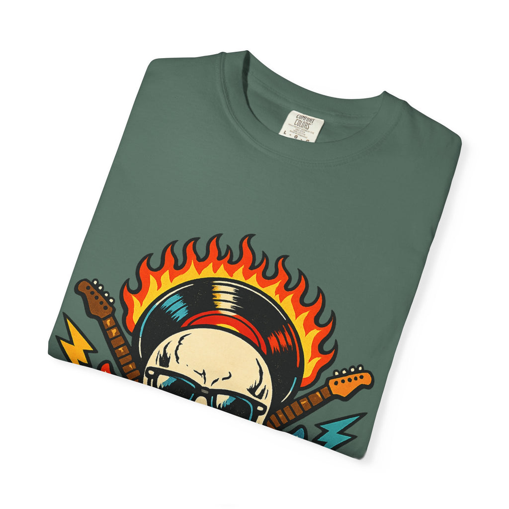 Rock Skull Graphic T-Shirt — Flaming Skull, Guitars & Dice Tattoo Art