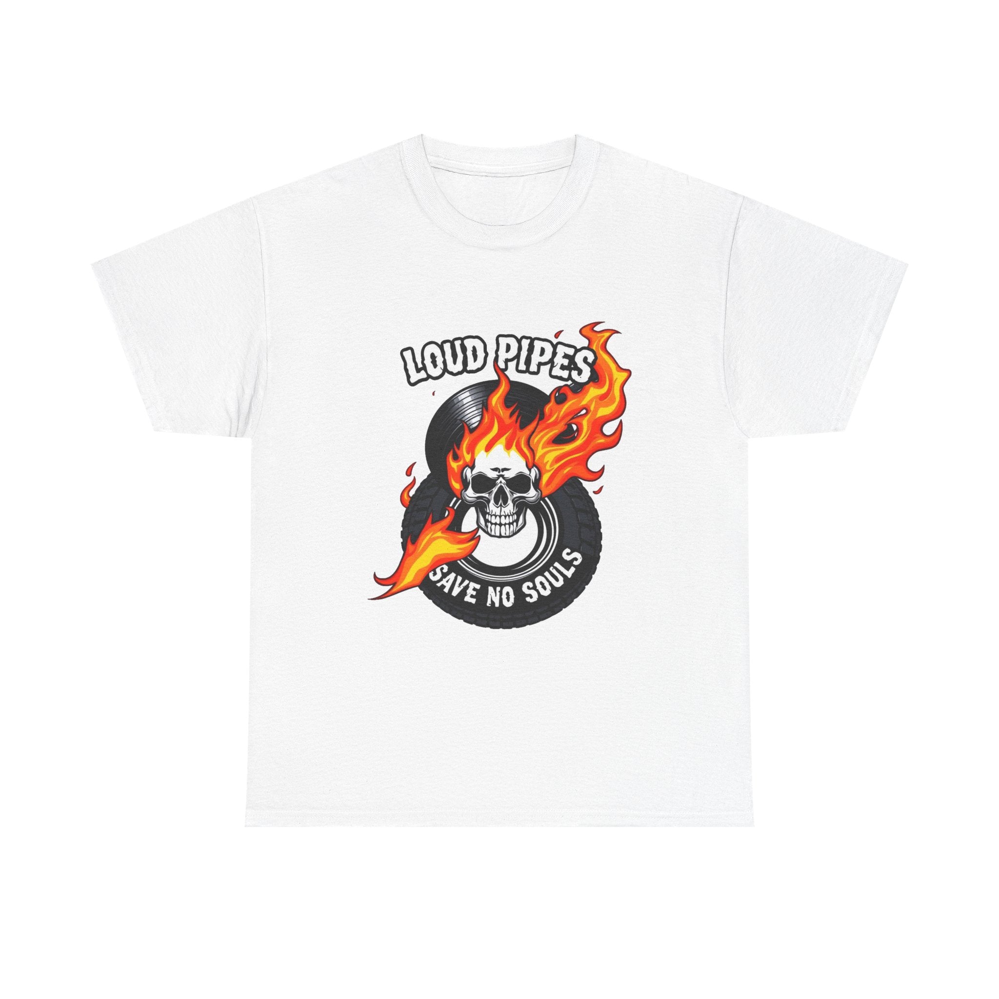 Loud Pipes Save No Souls Graphic Tee — Flaming Skull Vinyl Shirt