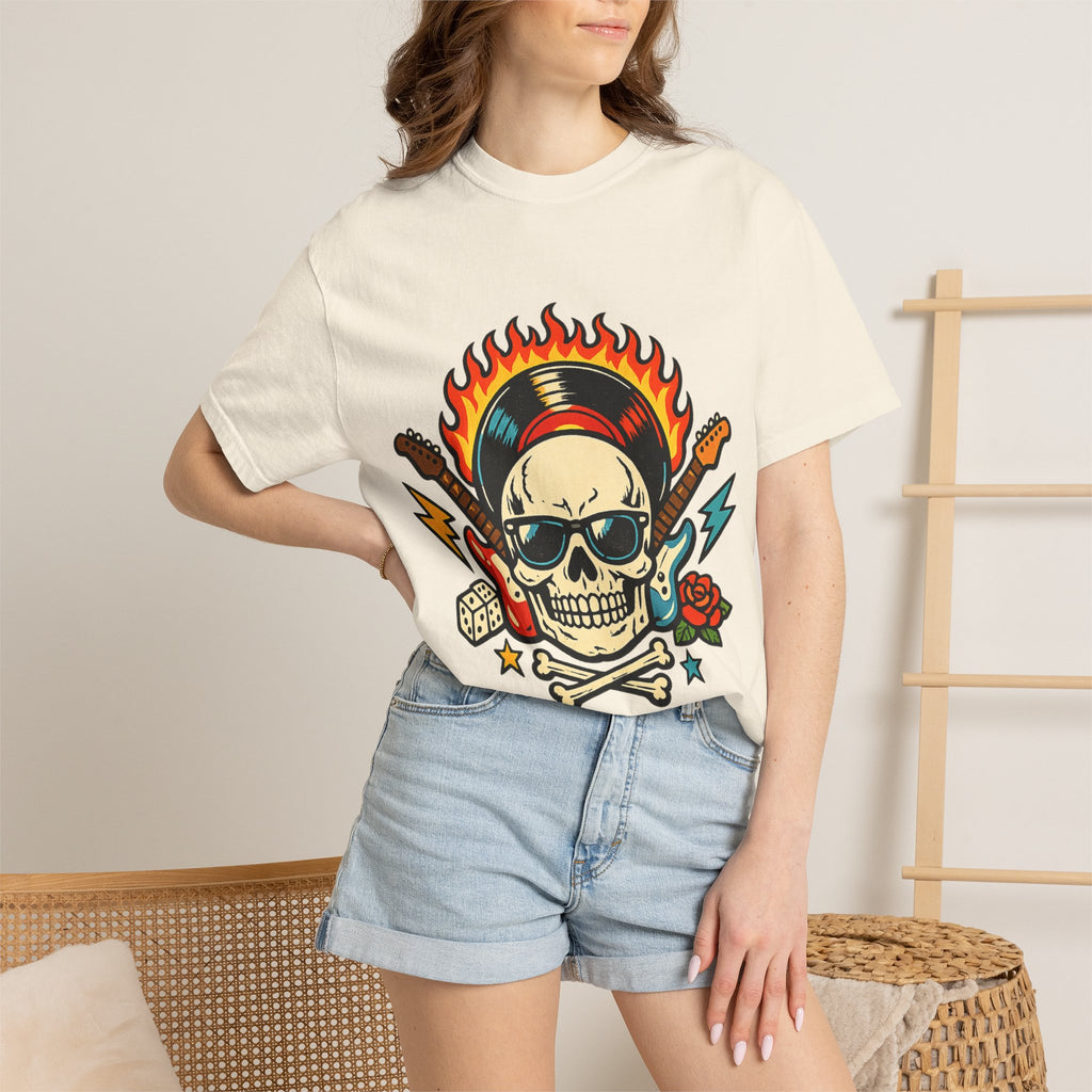 Rock Skull Graphic T-Shirt — Flaming Skull, Guitars & Dice Tattoo Art