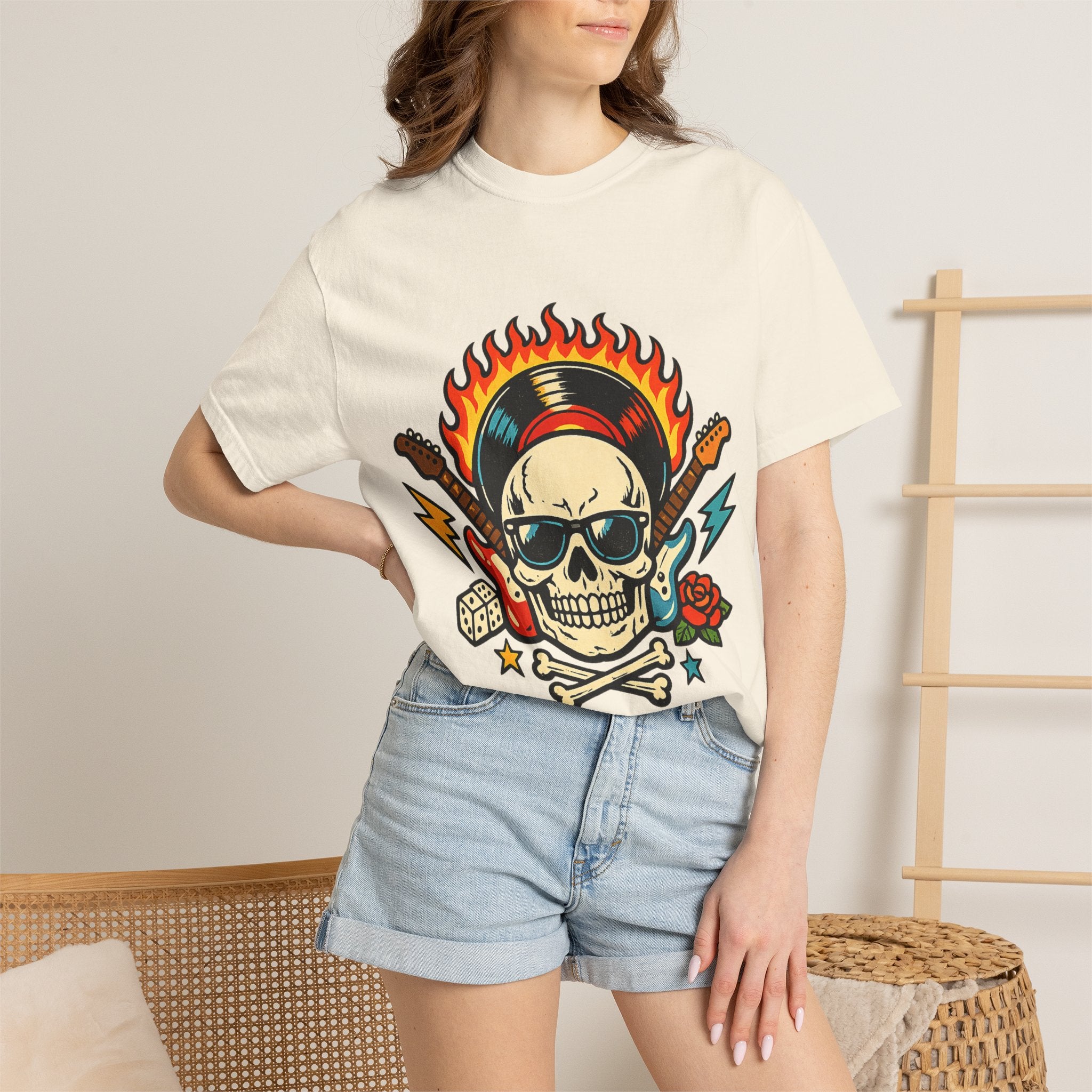 Rock Skull Graphic T-Shirt — Flaming Skull, Guitars & Dice Tattoo Art