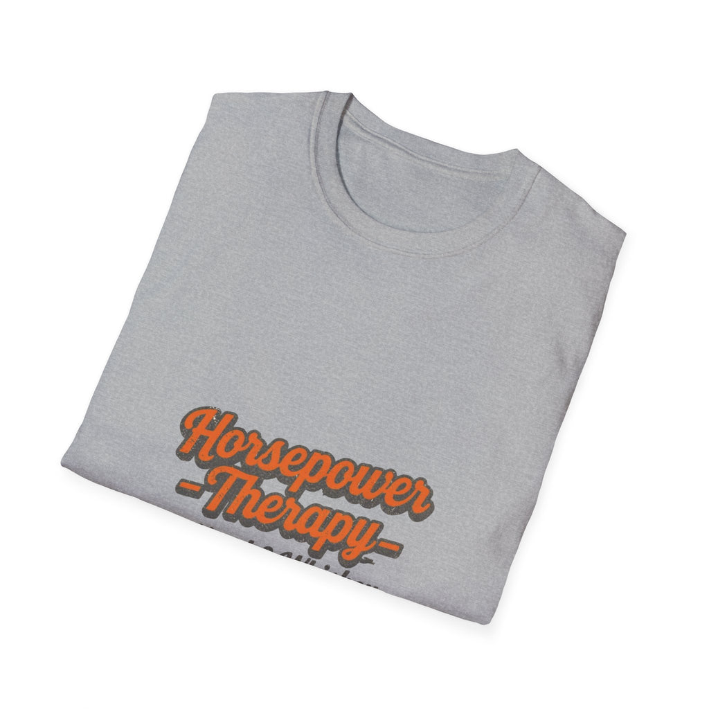 Horsepower Therapy T-Shirt — "Horsepower Therapy: Vinyl & Whiskey" Retro Automotive Tee