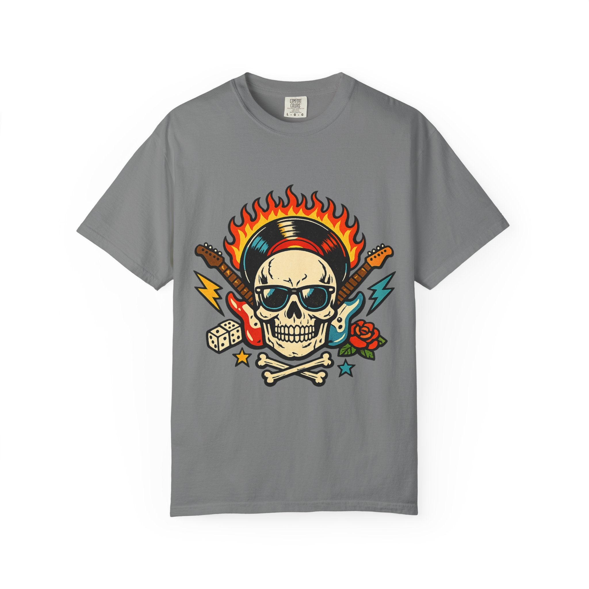 Rock Skull Graphic T-Shirt — Flaming Skull, Guitars & Dice Tattoo Art