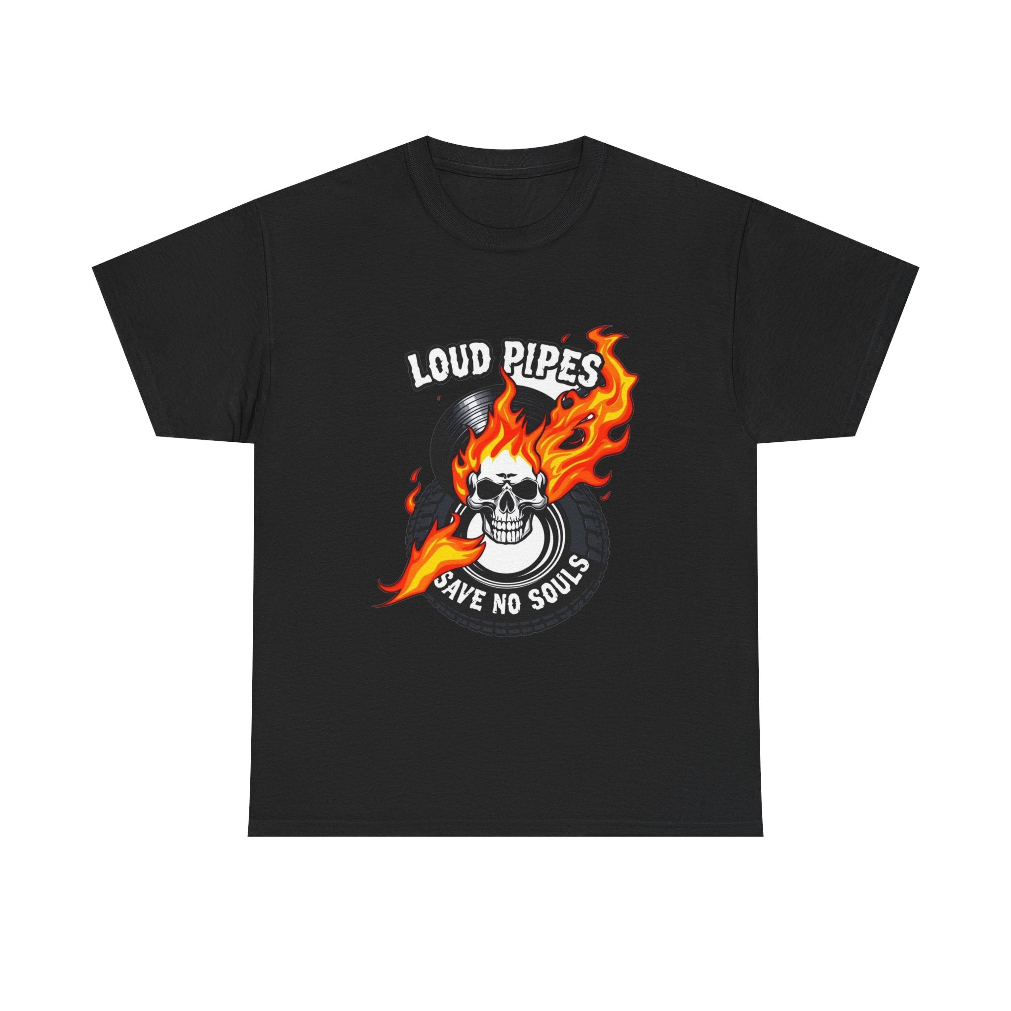 Loud Pipes Save No Souls Graphic Tee — Flaming Skull Vinyl Shirt