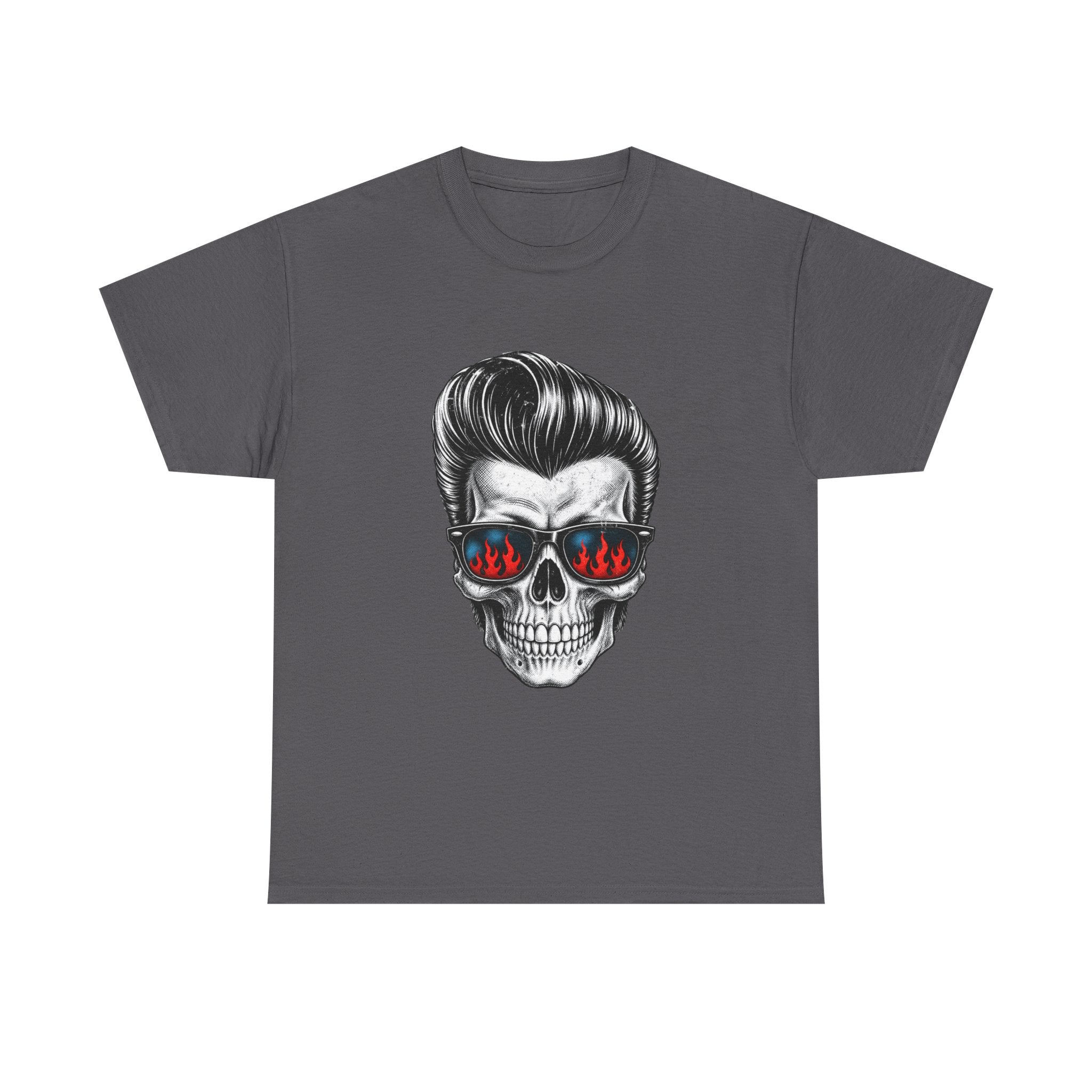 Skull Sunglasses Tee — Retro Pompadour Skull with Flaming Shades Graphic T-Shirt