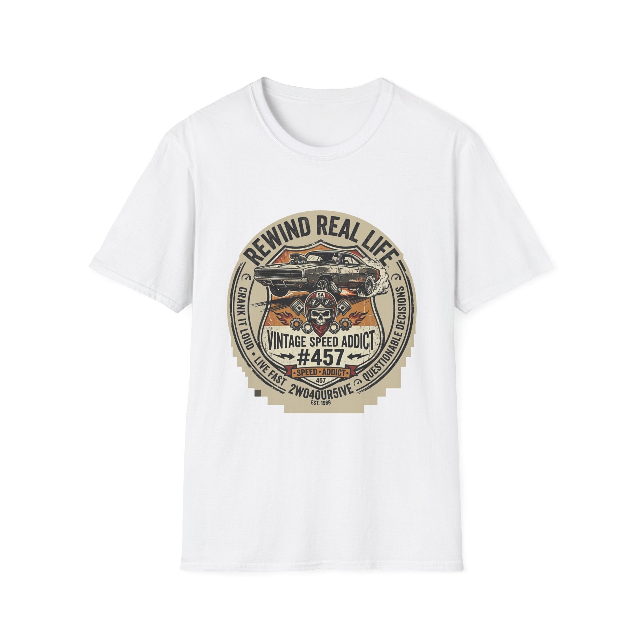 Vintage Muscle Car T-Shirt – "Rewind Real Life" Retro Speed Addict Graphic