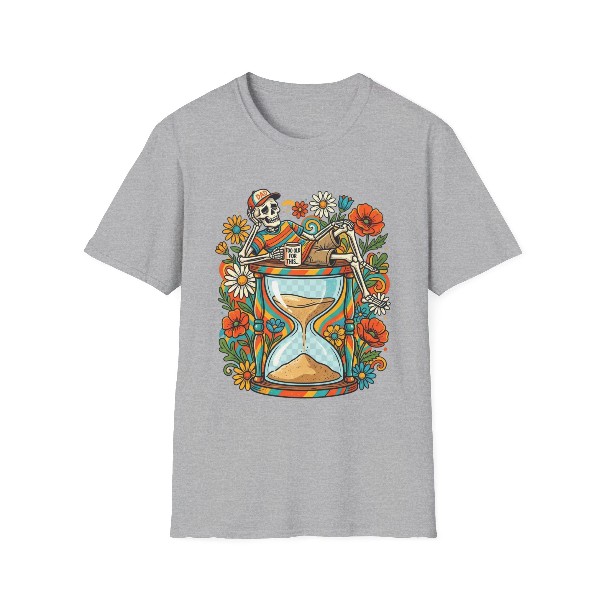 Skeleton Hourglass T-Shirt — Relaxed Skull & Flowers Retro Graphic Tee