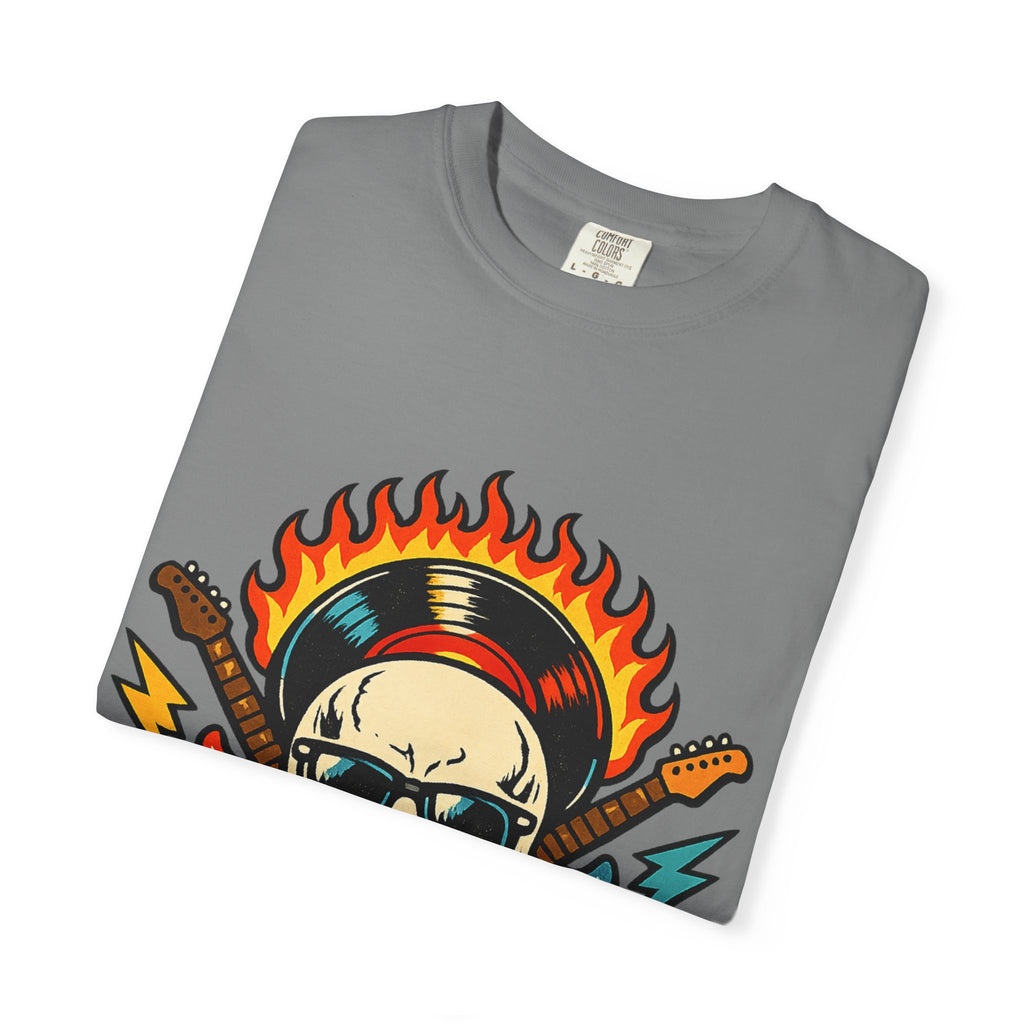 Rock Skull Graphic T-Shirt — Flaming Skull, Guitars & Dice Tattoo Art