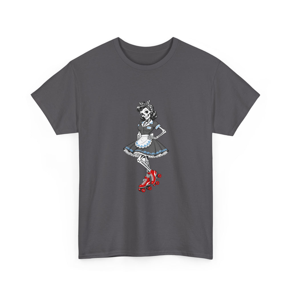 Vintage Gothic Doll T‑Shirt — Red Roller Skate Skeleton Girl Tee