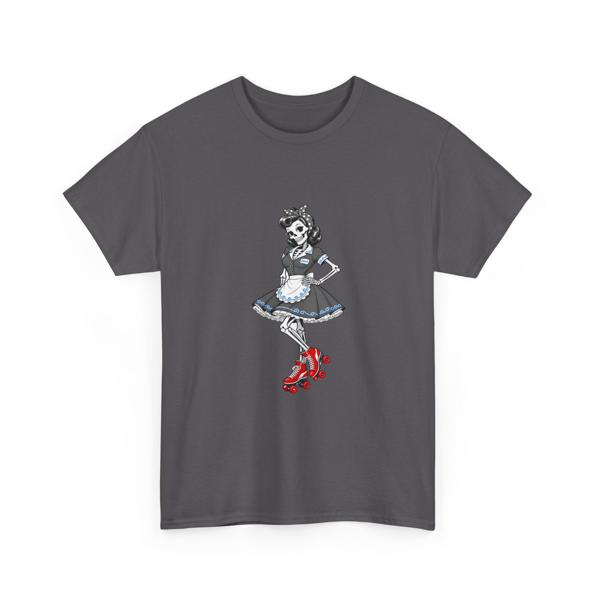 Vintage Gothic Doll T‑Shirt — Red Roller Skate Skeleton Girl Tee