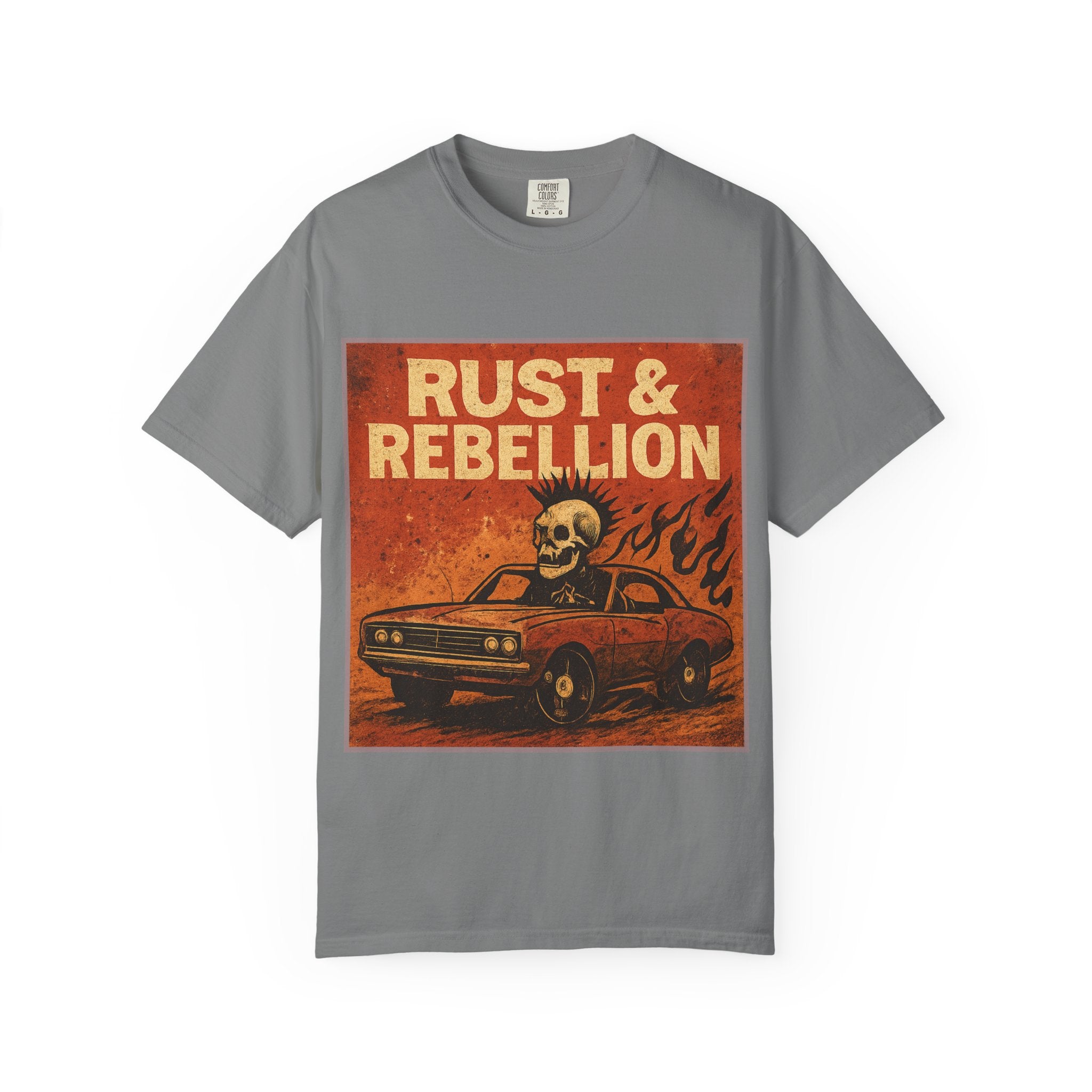 Rust & Rebellion Graphic T-Shirt — Skull Muscle Car Vintage Poster Design