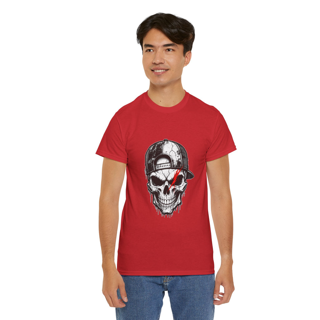 Skull Cap T-Shirt — Grunge Skull with Red Eye Slash Graphic