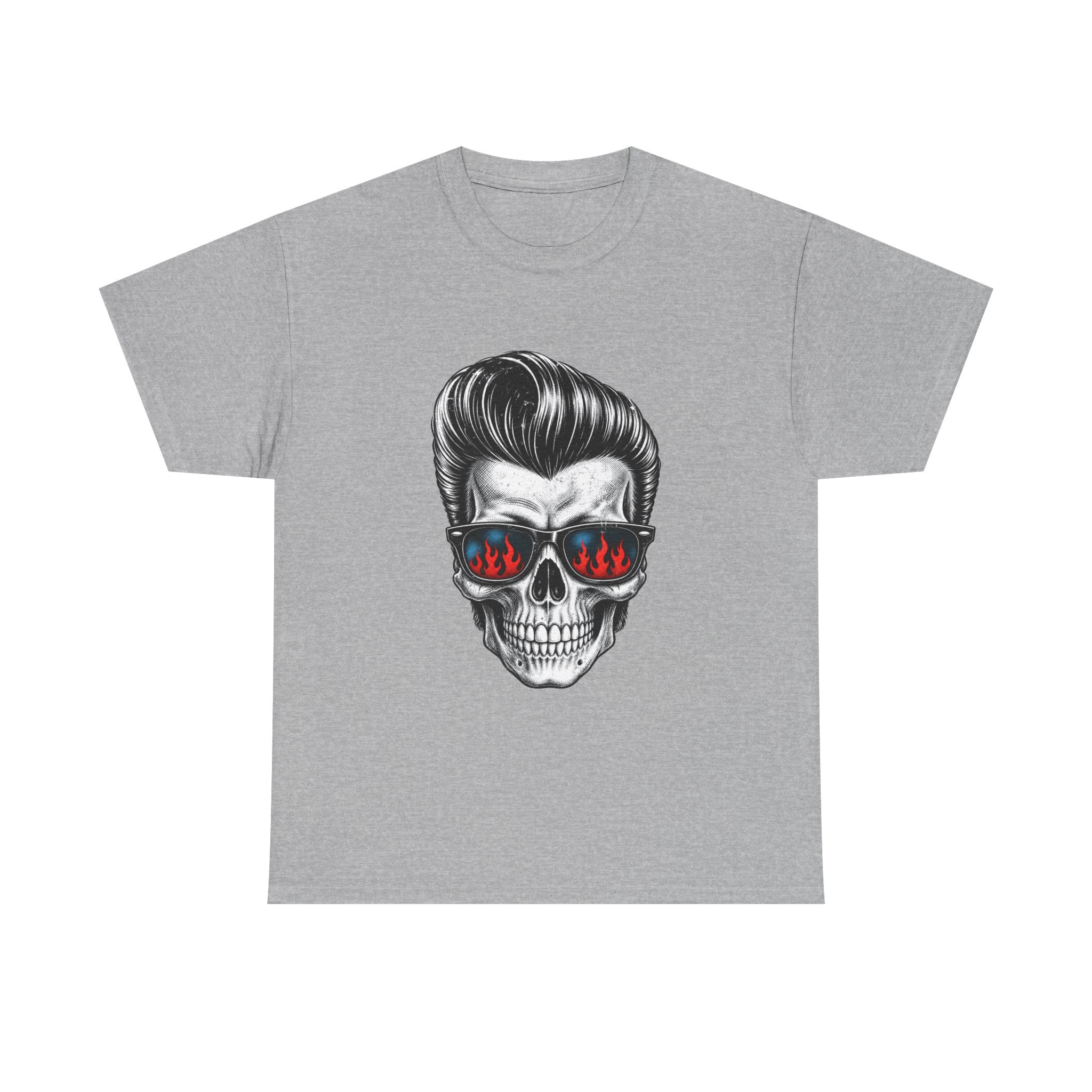 Skull Sunglasses Tee — Retro Pompadour Skull with Flaming Shades Graphic T-Shirt