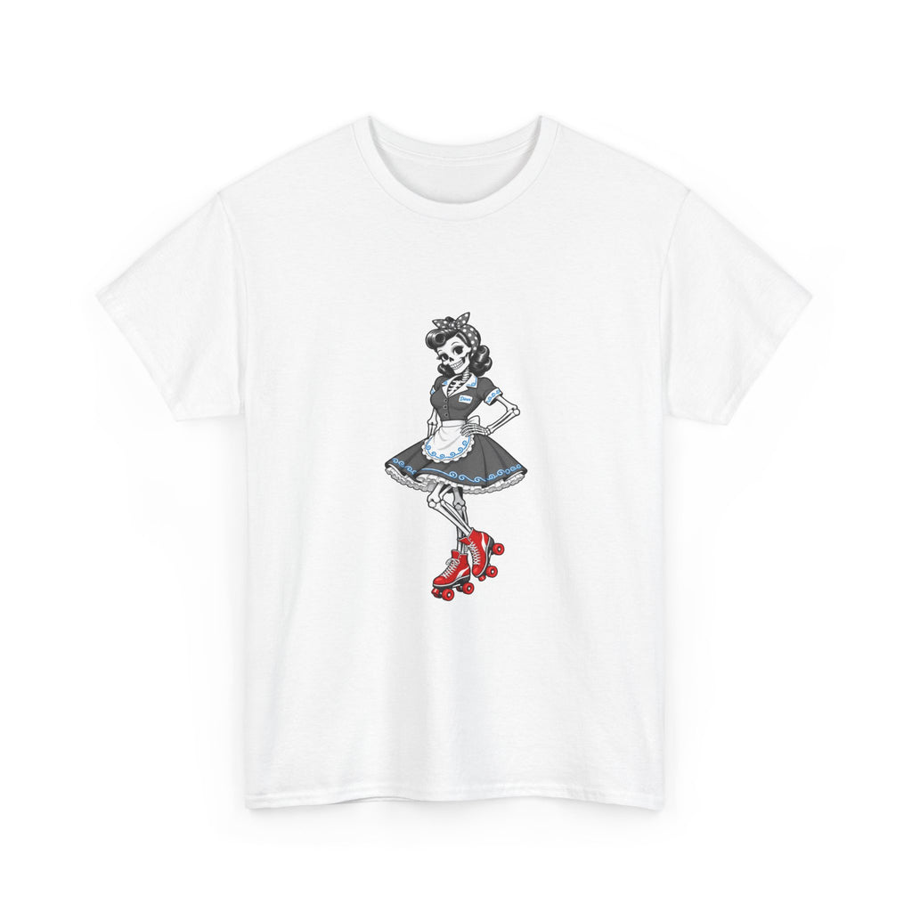 Vintage Gothic Doll T‑Shirt — Red Roller Skate Skeleton Girl Tee