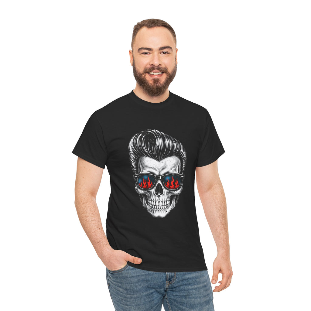 Skull Sunglasses Tee — Retro Pompadour Skull with Flaming Shades Graphic T-Shirt