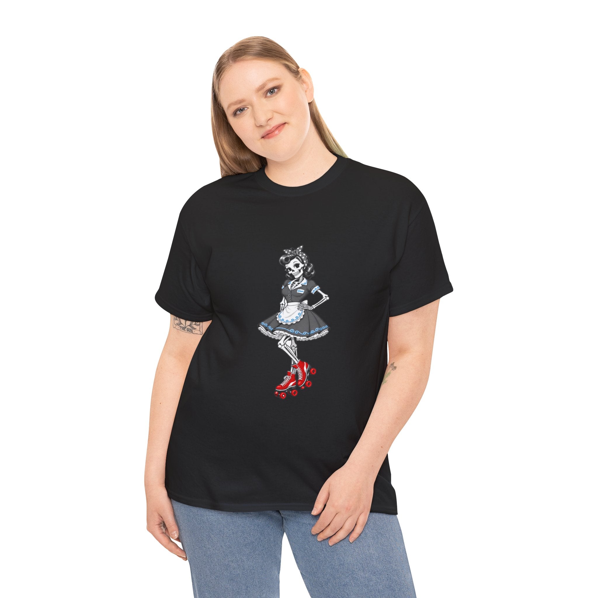 Vintage Gothic Doll T‑Shirt — Red Roller Skate Skeleton Girl Tee