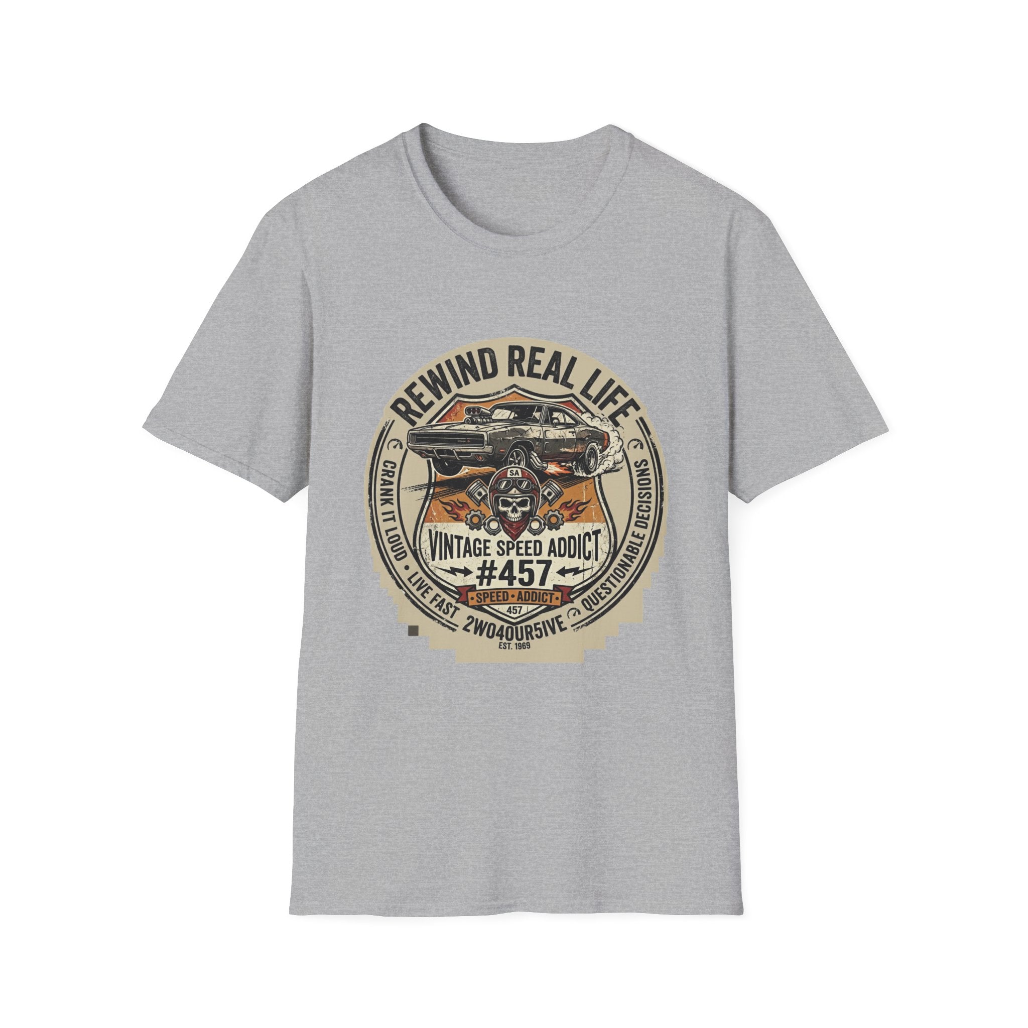 Vintage Muscle Car T-Shirt – "Rewind Real Life" Retro Speed Addict Graphic