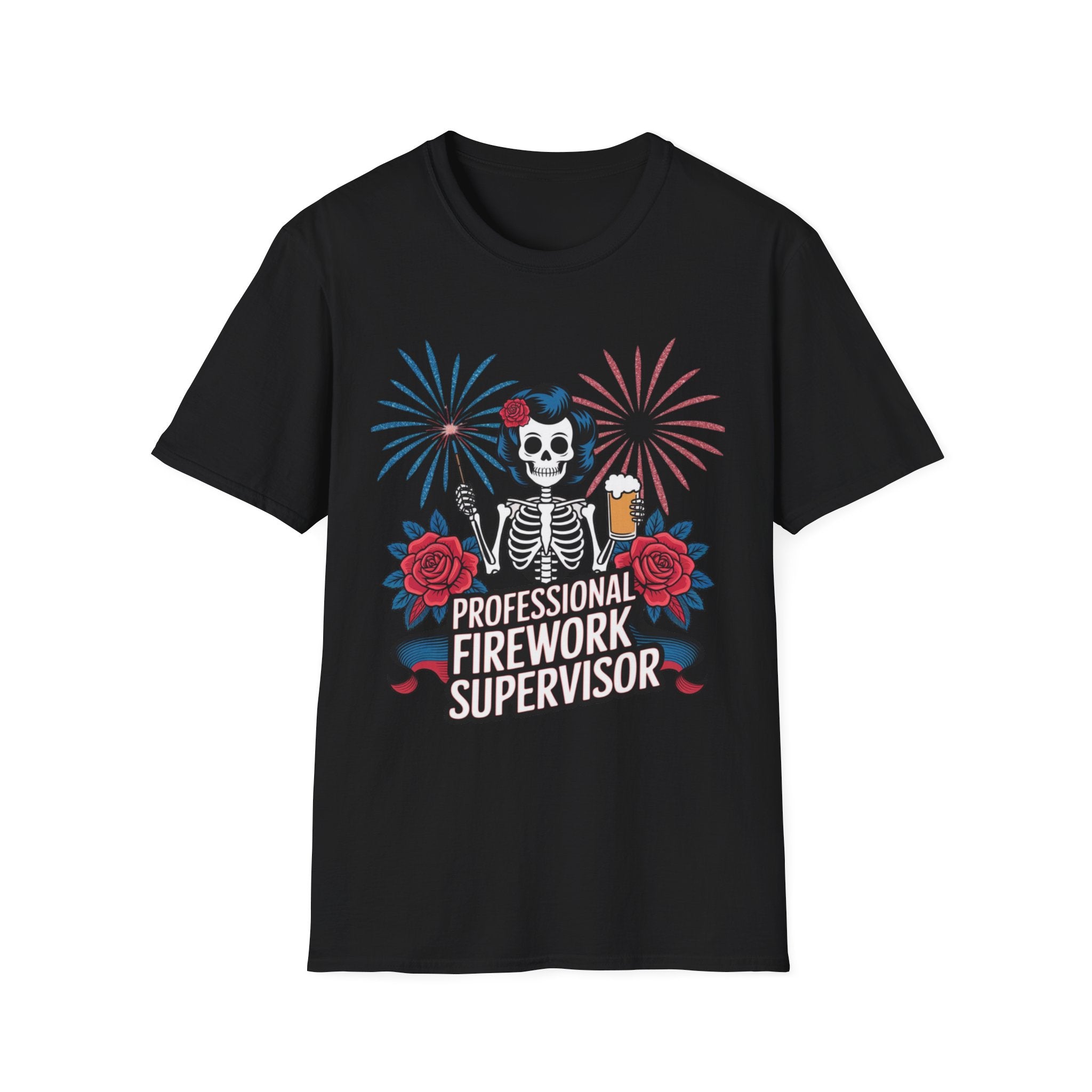 Professional Firework Supervisor T-Shirt — Patriotic Skeleton with Beer & Fireworks
