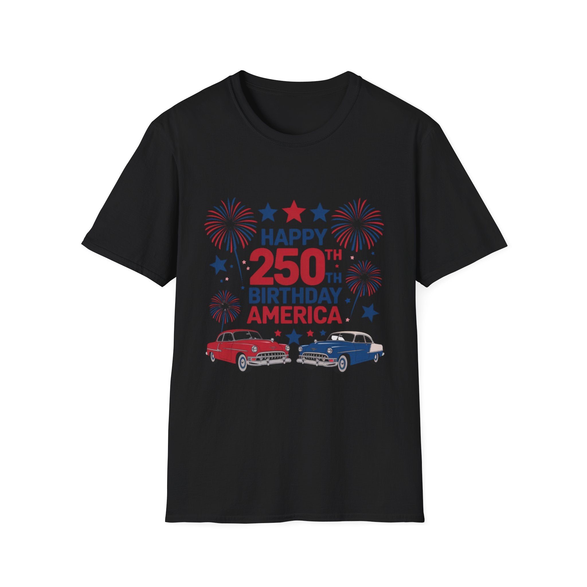 Happy 250th Birthday America T-Shirt — Patriotic Fireworks & Classic Trucks