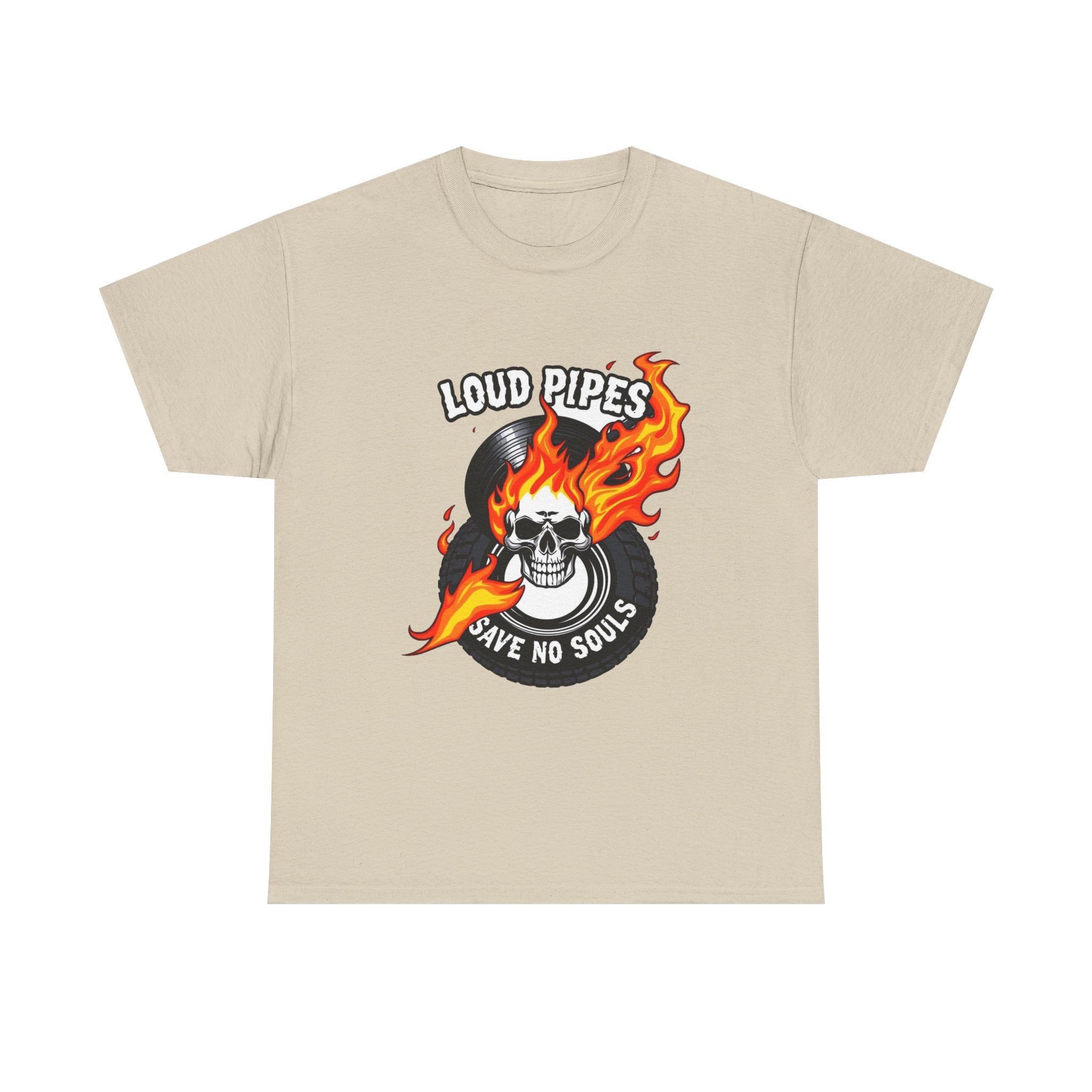 Loud Pipes Save No Souls Graphic Tee — Flaming Skull Vinyl Shirt