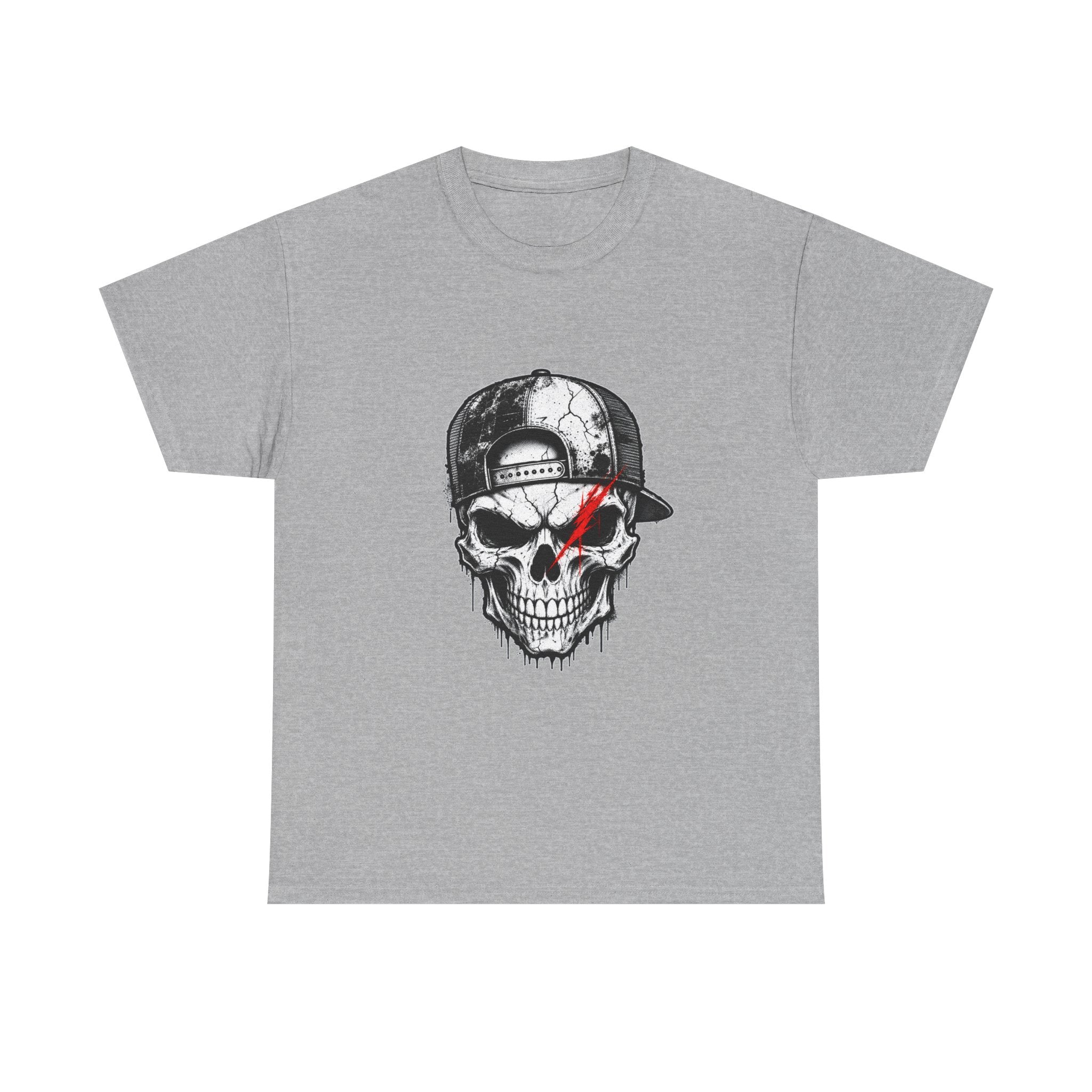 Skull Cap T-Shirt — Grunge Skull with Red Eye Slash Graphic