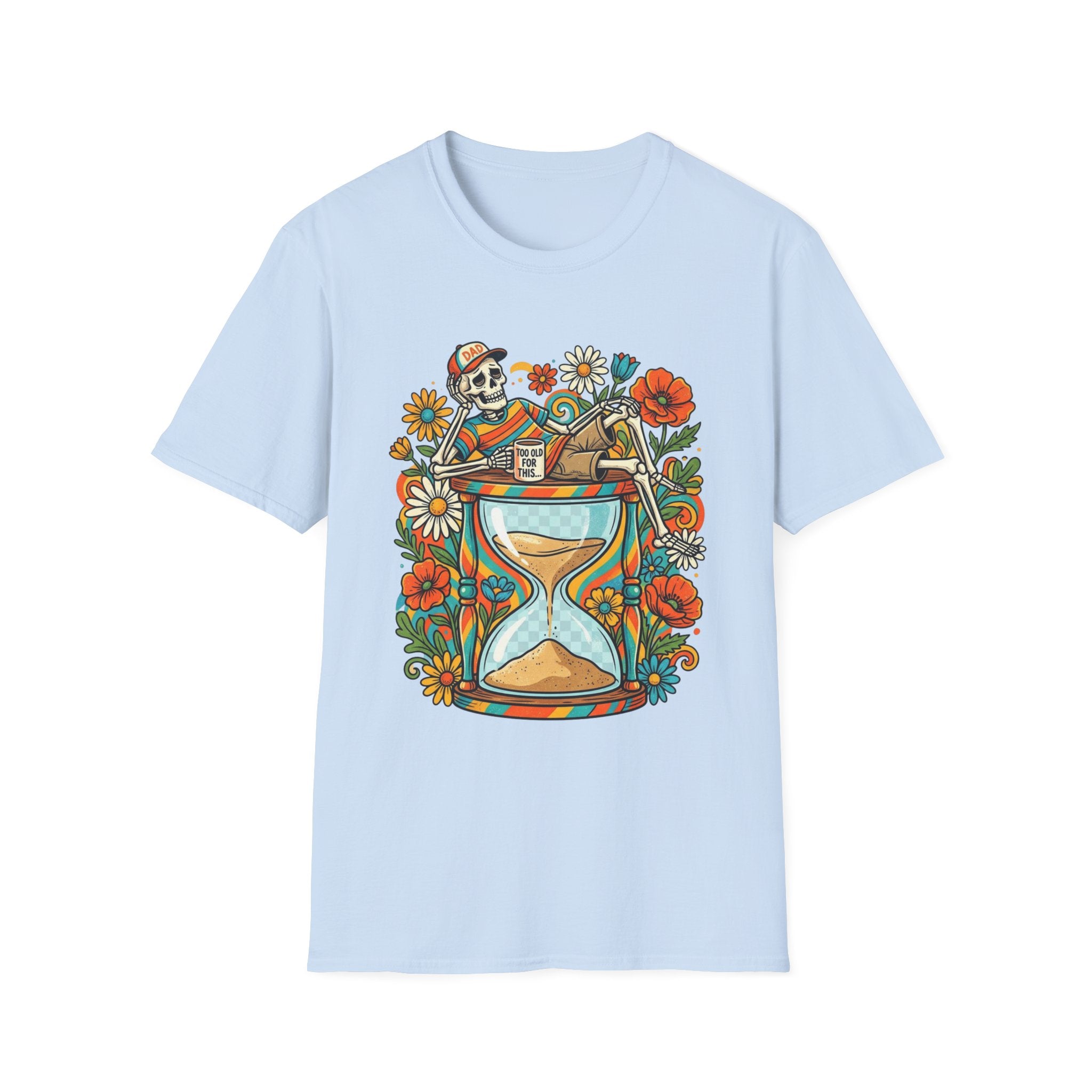Skeleton Hourglass T-Shirt — Relaxed Skull & Flowers Retro Graphic Tee
