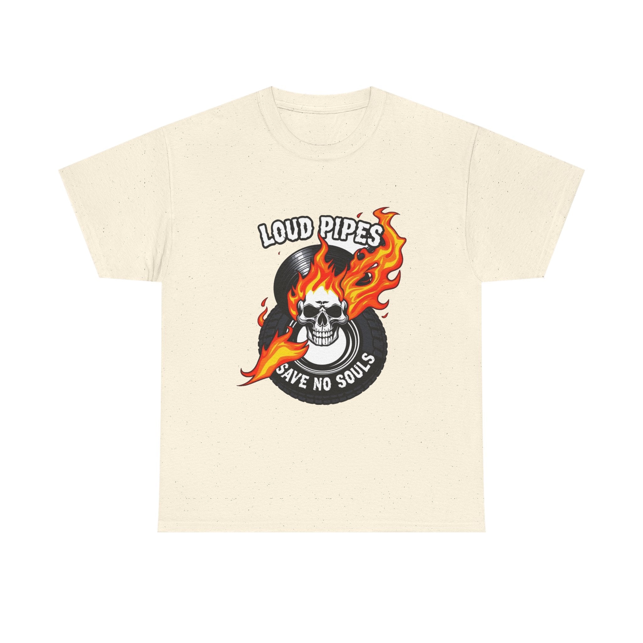 Loud Pipes Save No Souls Graphic Tee — Flaming Skull Vinyl Shirt