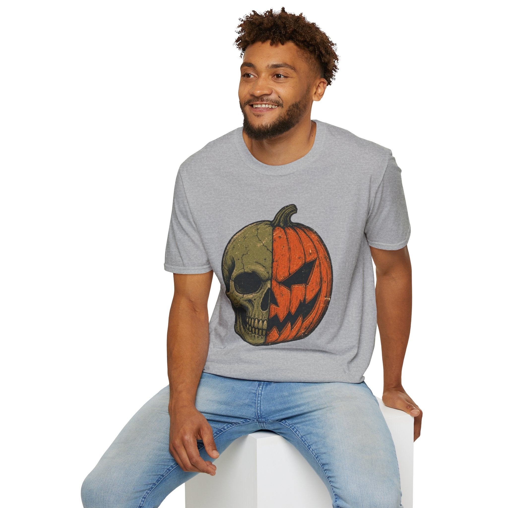 Pumpkin Skull T-Shirt — Half Jack-O’-Lantern Halloween Tee