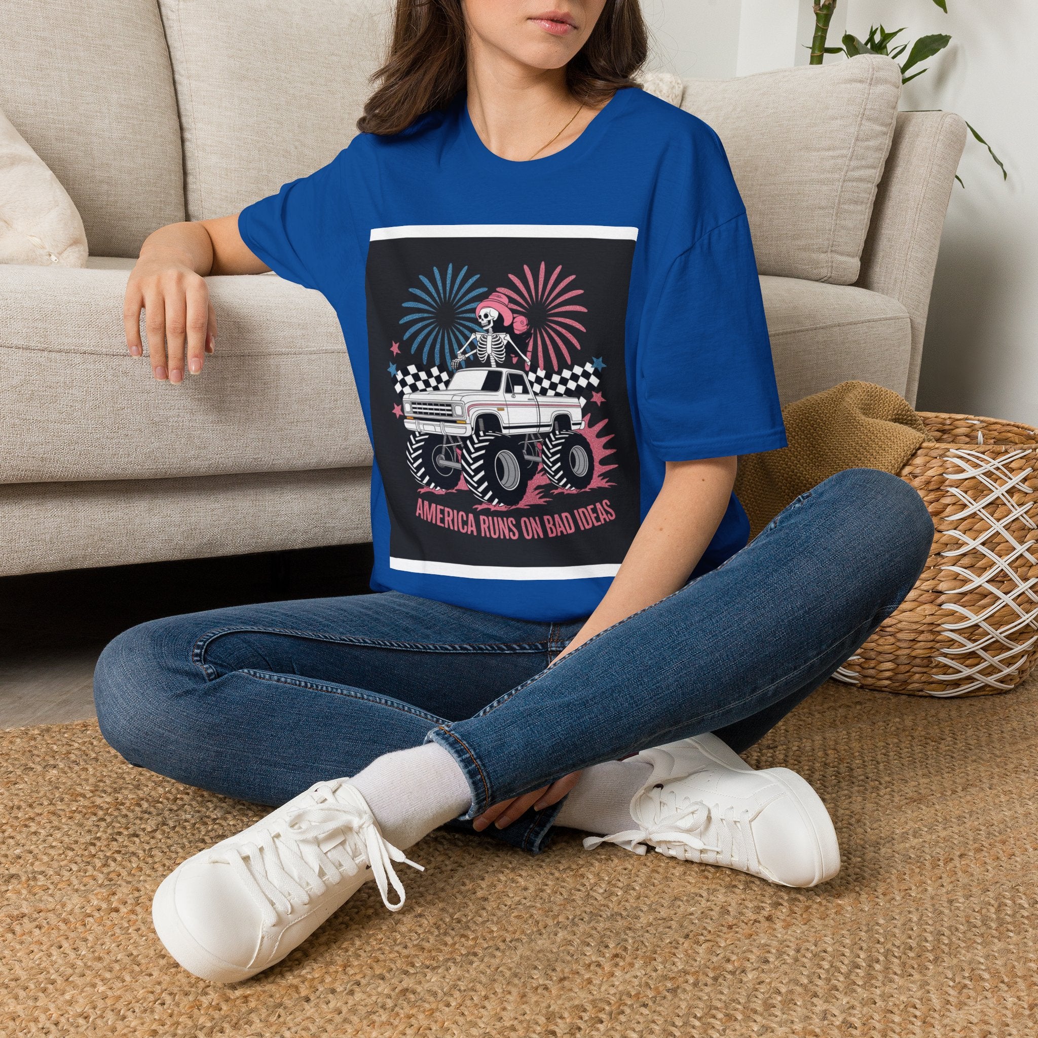 Fourth of July Monster Truck T‑Shirt — 'America Runs on Dad Jokes' Skeleton Design