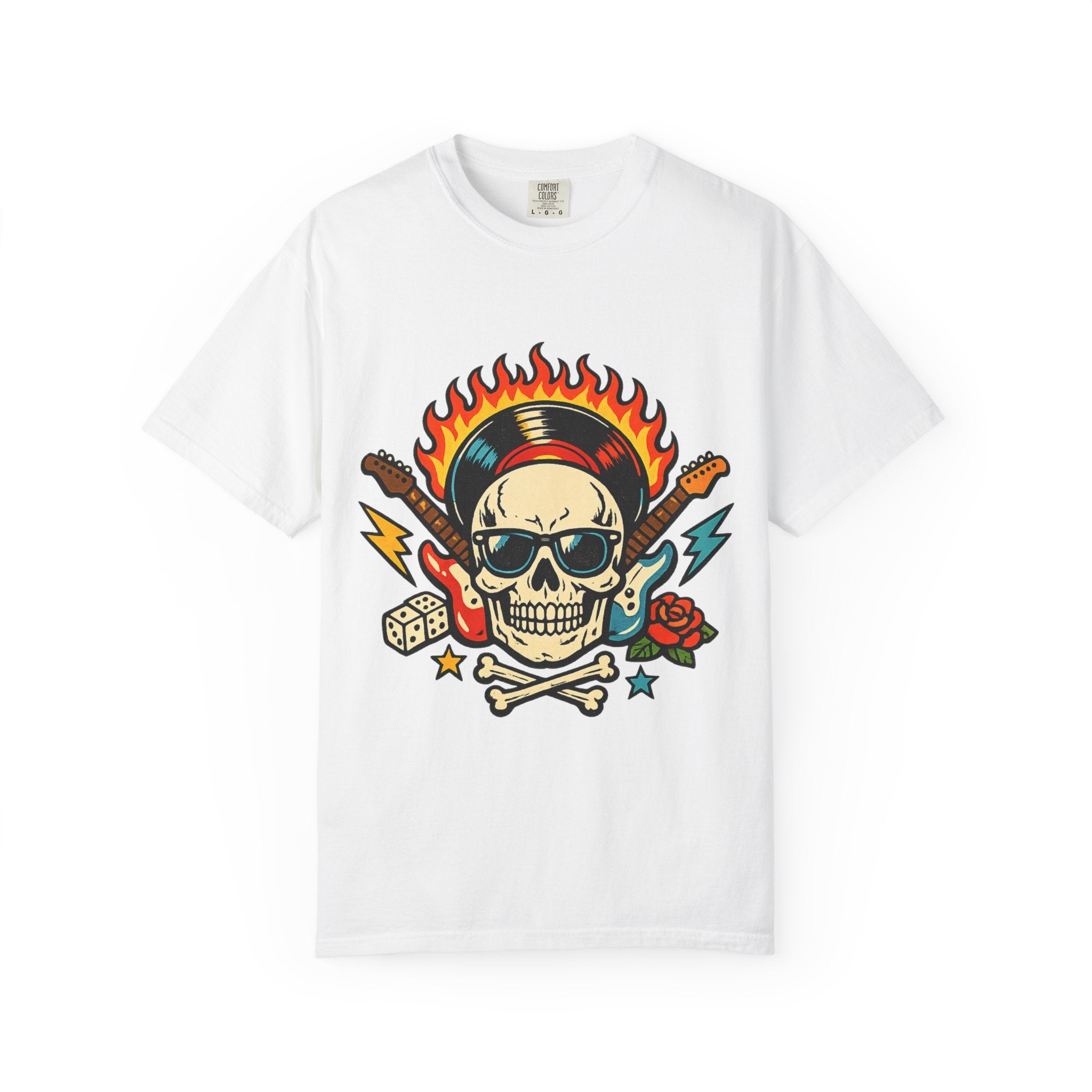 Rock Skull Graphic T-Shirt — Flaming Skull, Guitars & Dice Tattoo Art