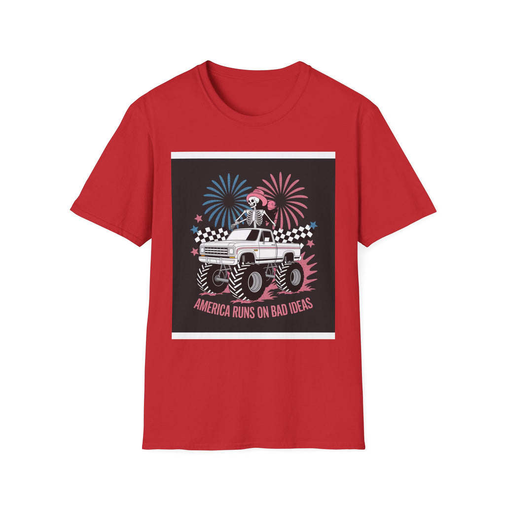 Fourth of July Monster Truck T‑Shirt — 'America Runs on Dad Jokes' Skeleton Design