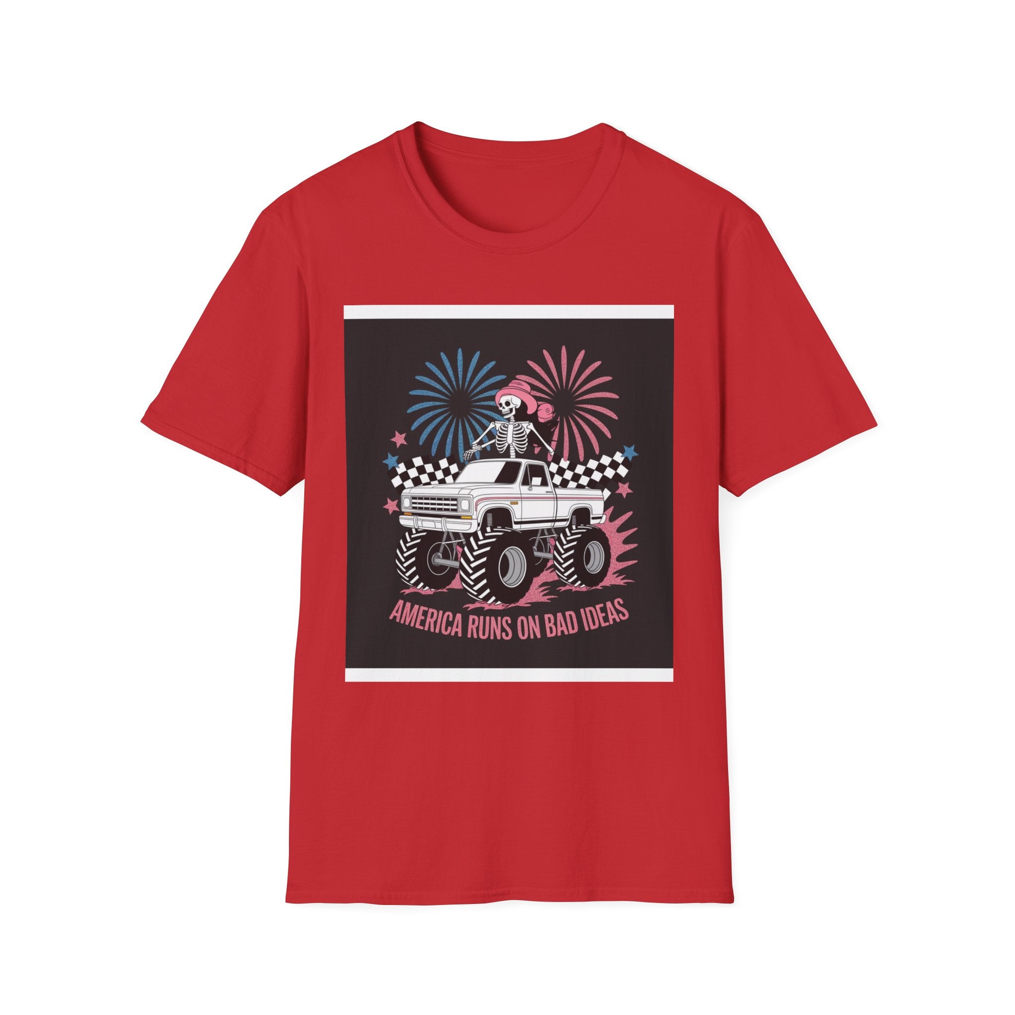 Fourth of July Monster Truck T‑Shirt — 'America Runs on Dad Jokes' Skeleton Design