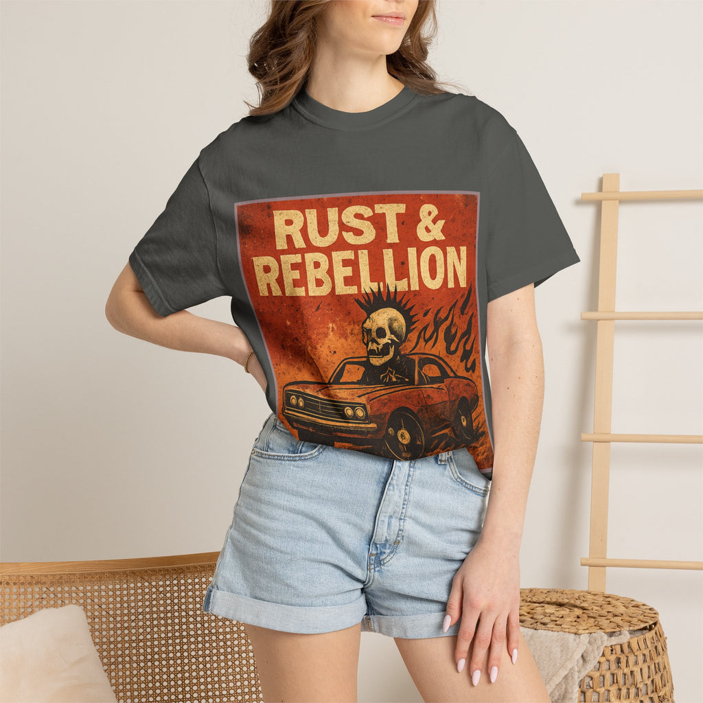 Rust & Rebellion Graphic T-Shirt — Skull Muscle Car Vintage Poster Design