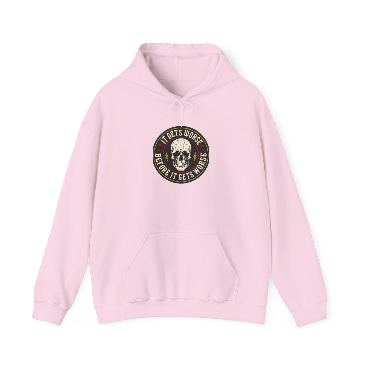 Skull Patch Hoodie — "It Gets Worse Before It Gets Worse" Graphic Hoodie