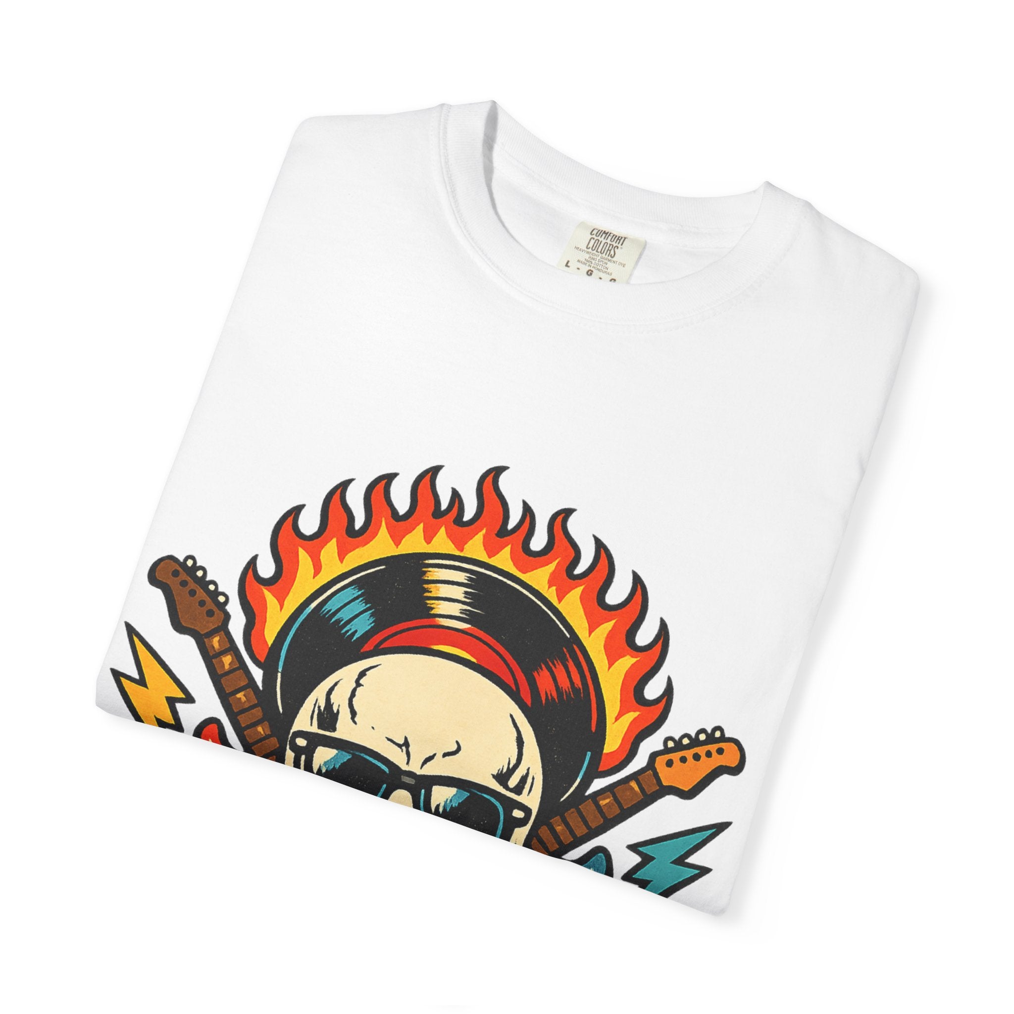 Rock Skull Graphic T-Shirt — Flaming Skull, Guitars & Dice Tattoo Art