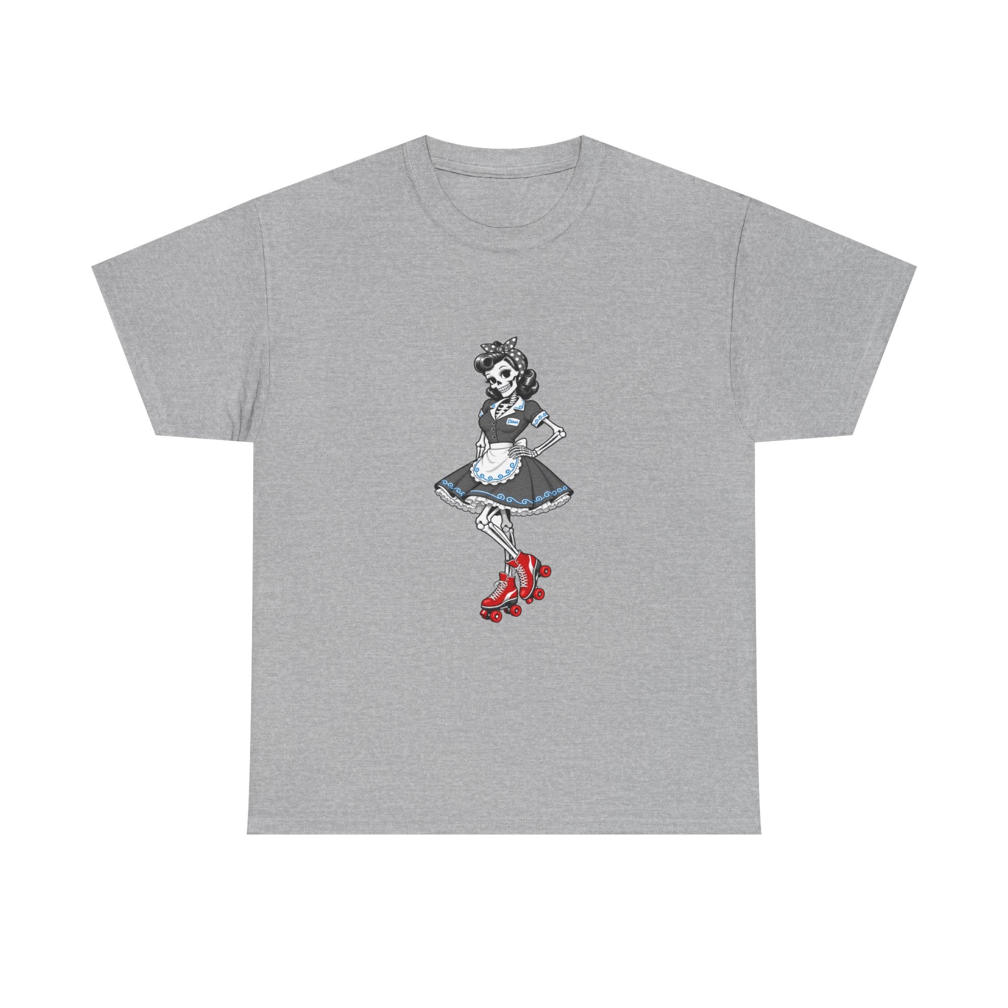 Vintage Gothic Doll T‑Shirt — Red Roller Skate Skeleton Girl Tee