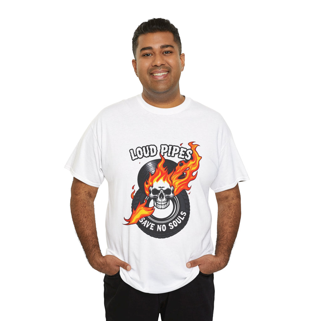 Loud Pipes Save No Souls Graphic Tee — Flaming Skull Vinyl Shirt