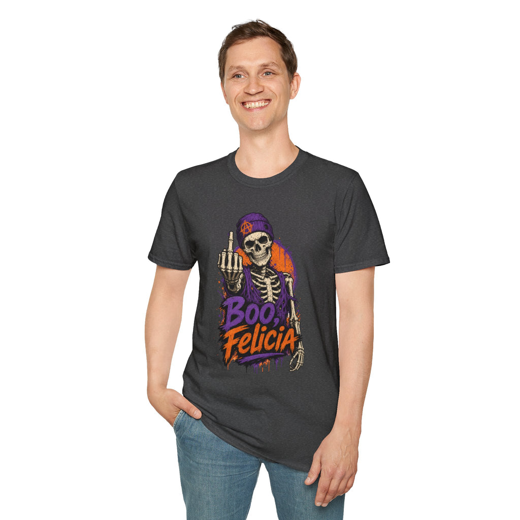 Skeleton Middle Finger T-Shirt — "Boo, Felicia" Halloween Graphic Tee