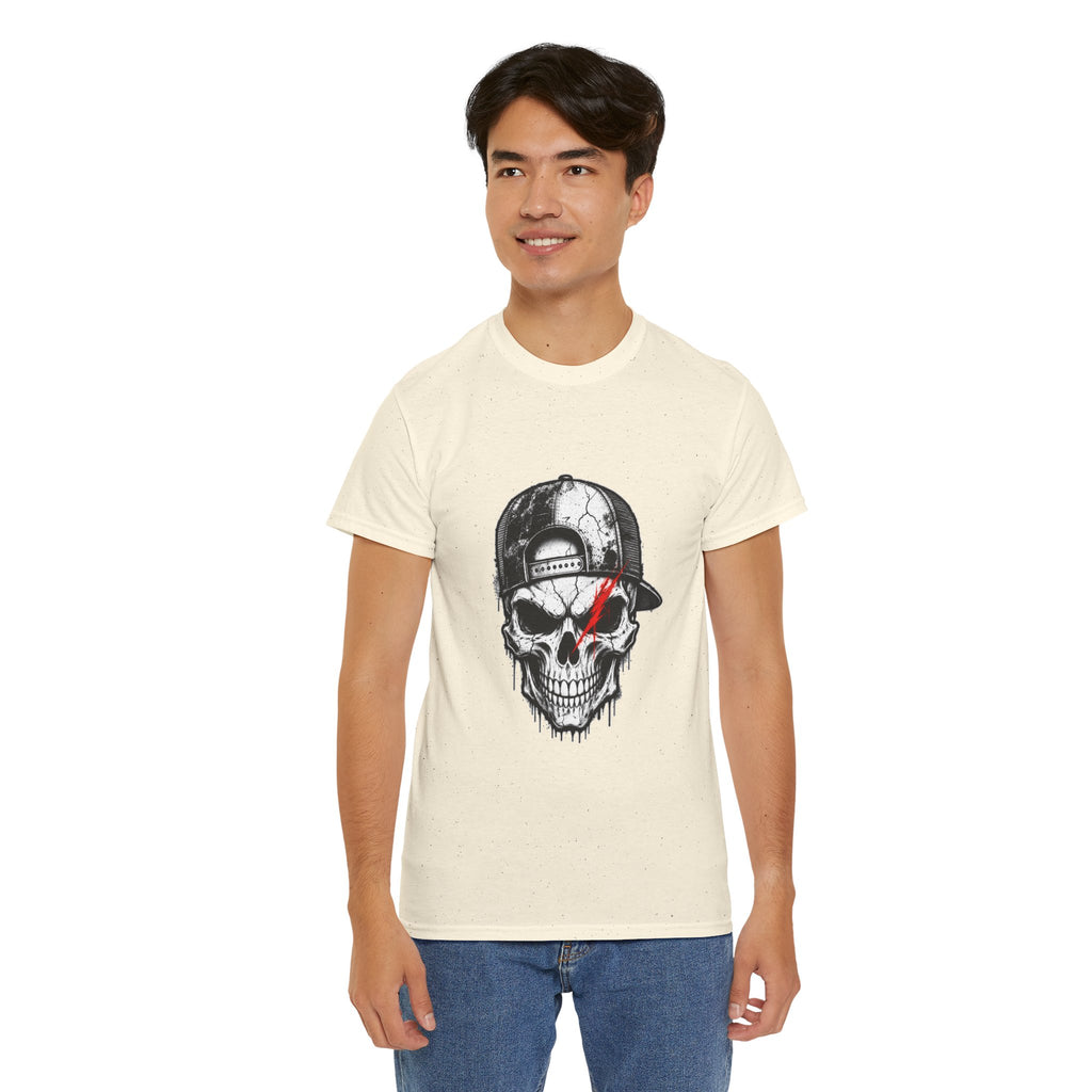Skull Cap T-Shirt — Grunge Skull with Red Eye Slash Graphic