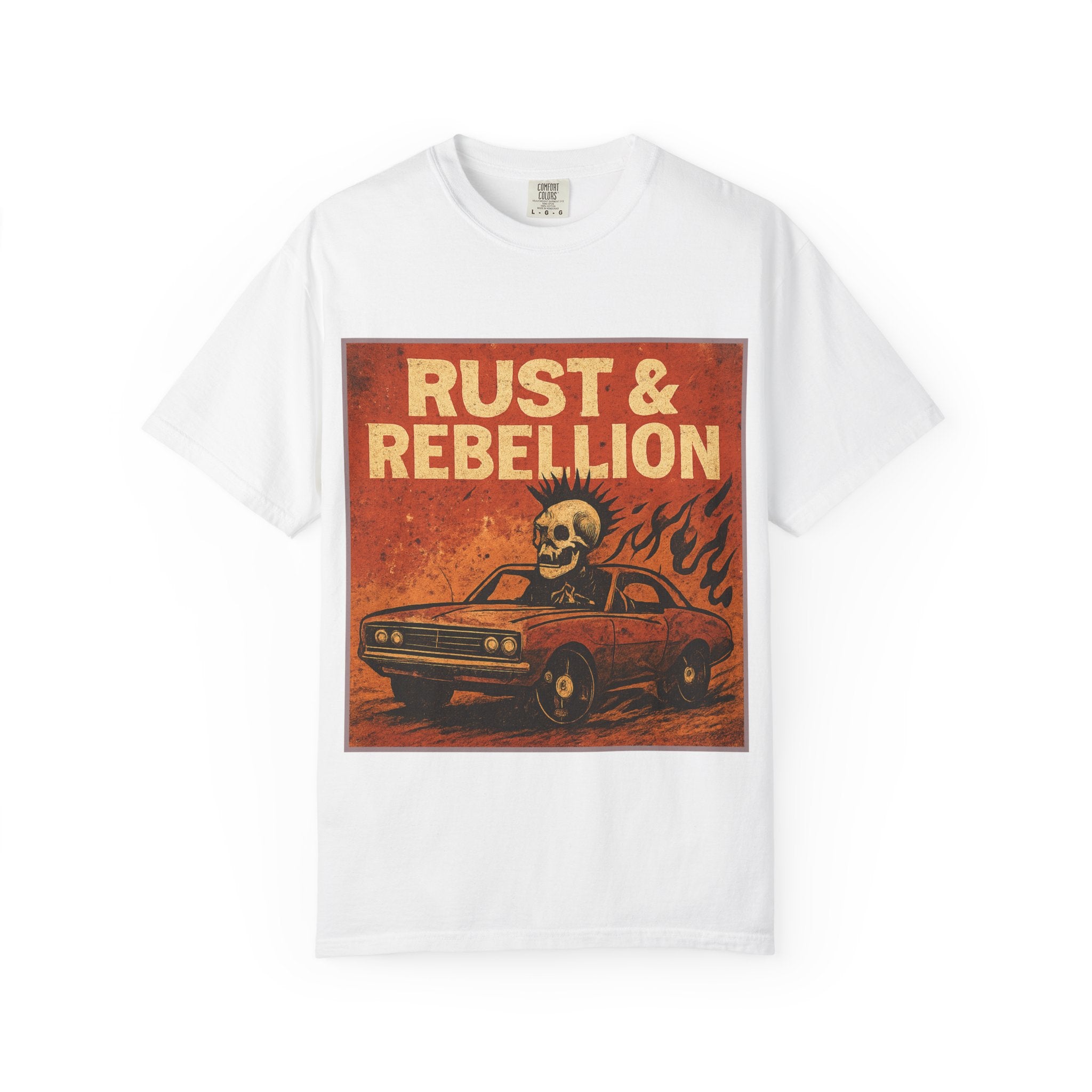 Rust & Rebellion Graphic T-Shirt — Skull Muscle Car Vintage Poster Design