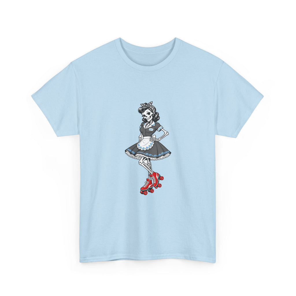 Vintage Gothic Doll T‑Shirt — Red Roller Skate Skeleton Girl Tee