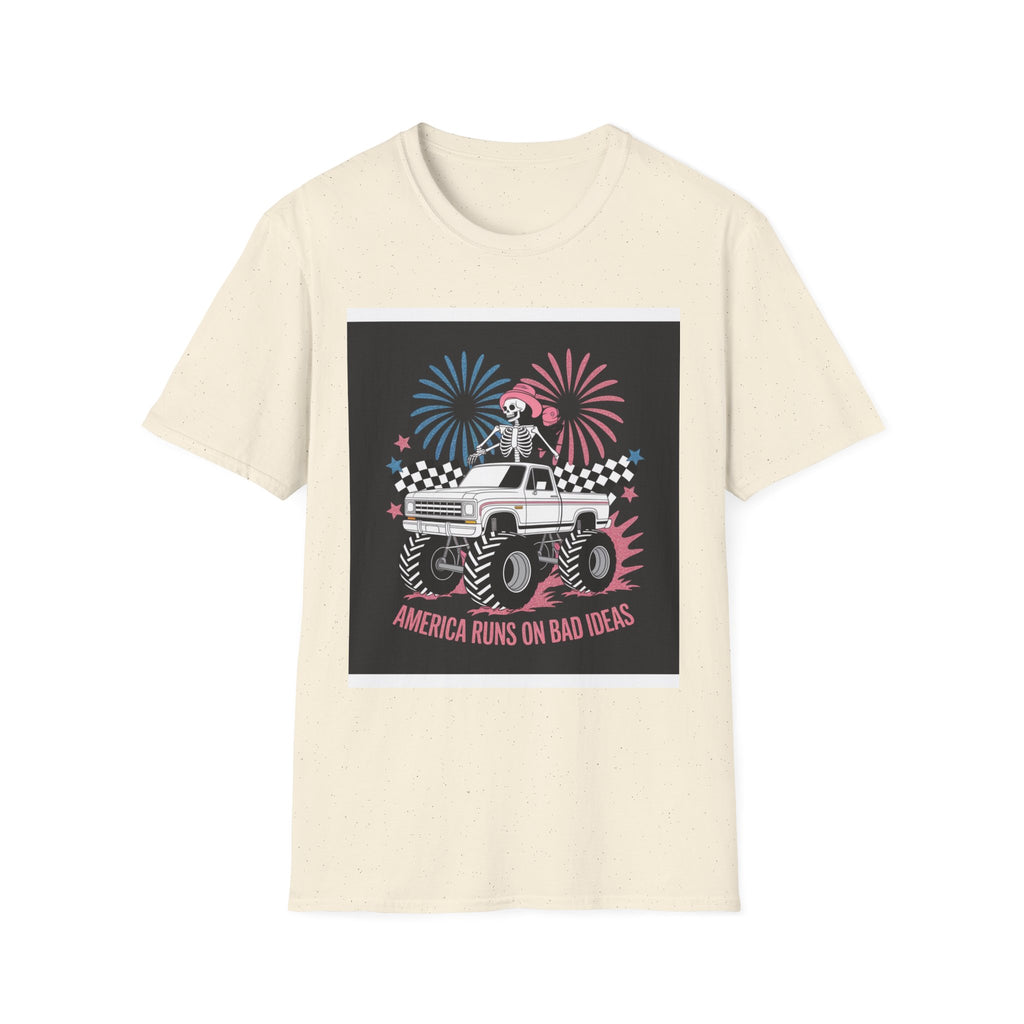 Fourth of July Monster Truck T‑Shirt — 'America Runs on Dad Jokes' Skeleton Design