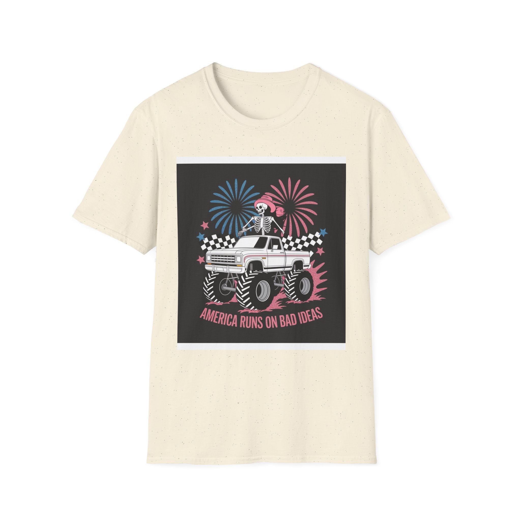 Fourth of July Monster Truck T‑Shirt — 'America Runs on Dad Jokes' Skeleton Design